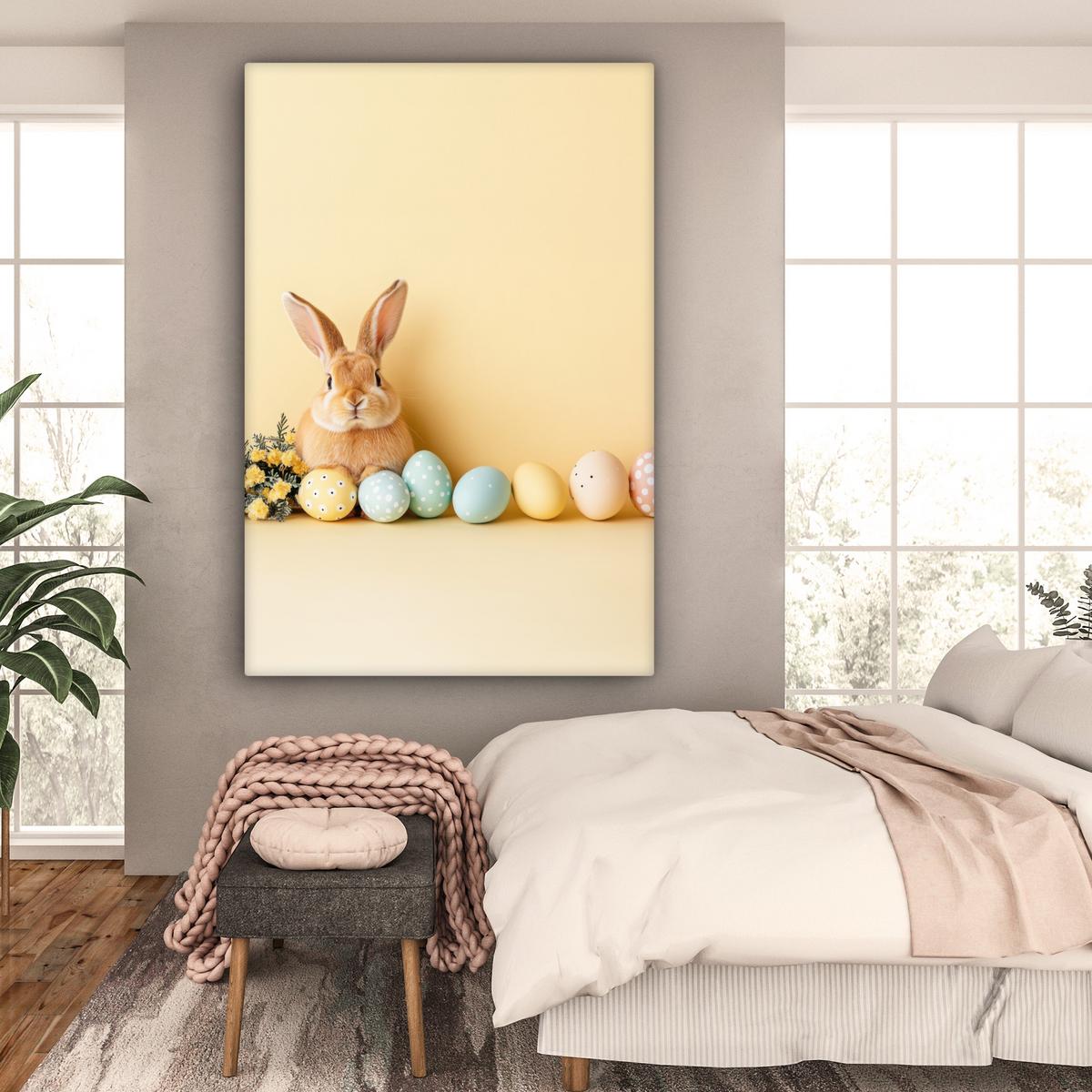 LEINWANDBILD Eier - Kaninchen - Pastellfarbtöne Deko Groß 90x140 cm - Hellgelb, Textil (90/140cm) - MuchoWow
