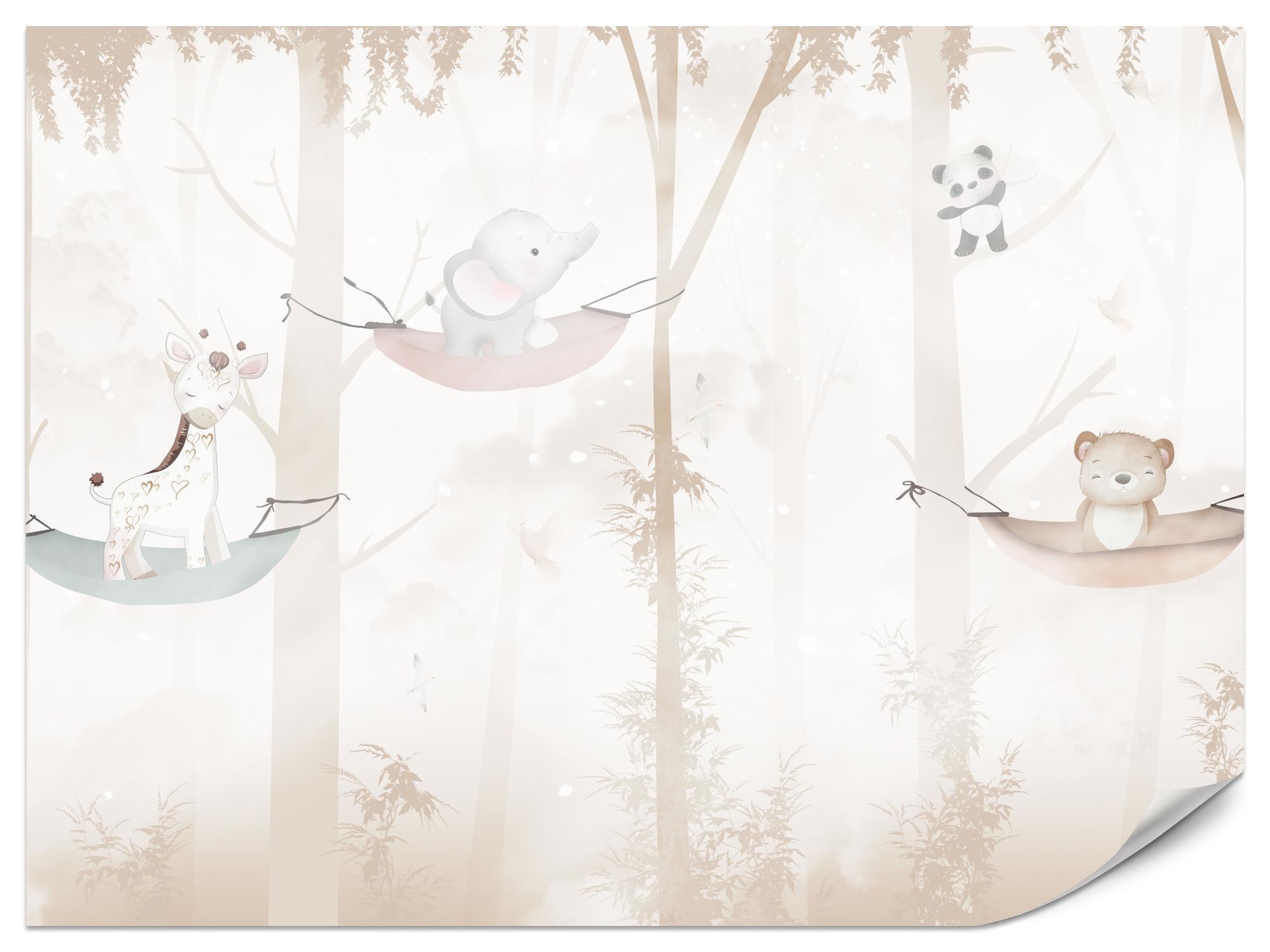 FOTOTAPETE für Kinderzimmer Tiere Hängematten WALD Elefant Giraffe 400x280 - Beige/Schwarz, Papier (400/280cm) - Muralo