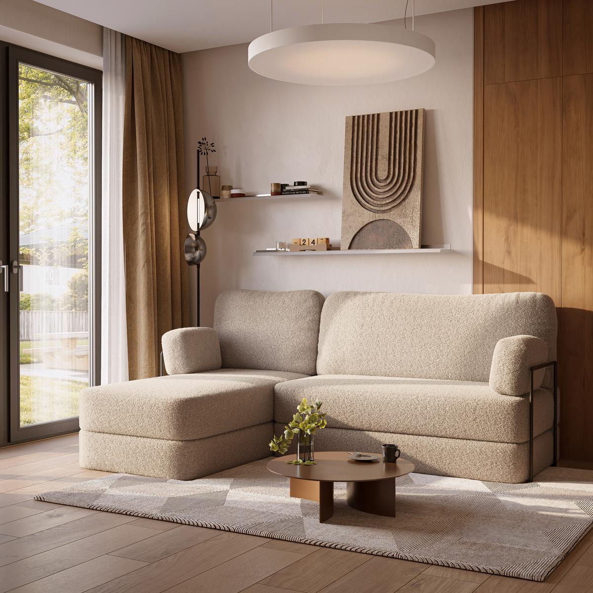 ECKSOFA SABI modulares Boneless Sofa mit Schlaffunktion Beige Boucle-Stoff - Beige, Textil (200/120cm) - MASSENO