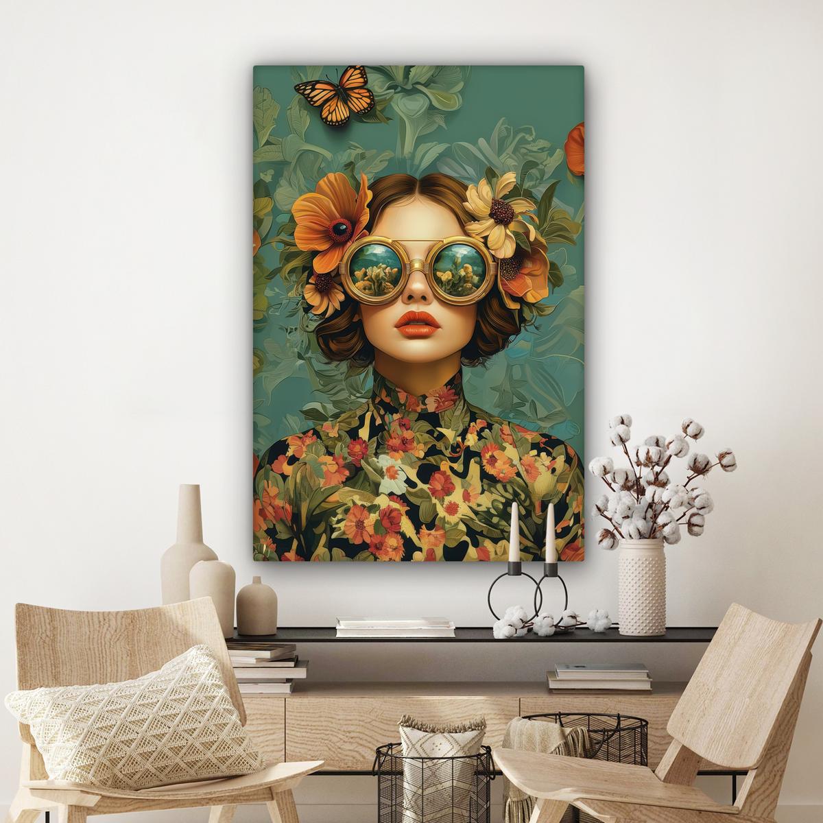 LEINWANDBILD Frau - Blumen - Schmetterlinge - Natur - Vintage Deko XXL 80x120 cm - Salbeigrün, Textil (80/120cm) - MuchoWow