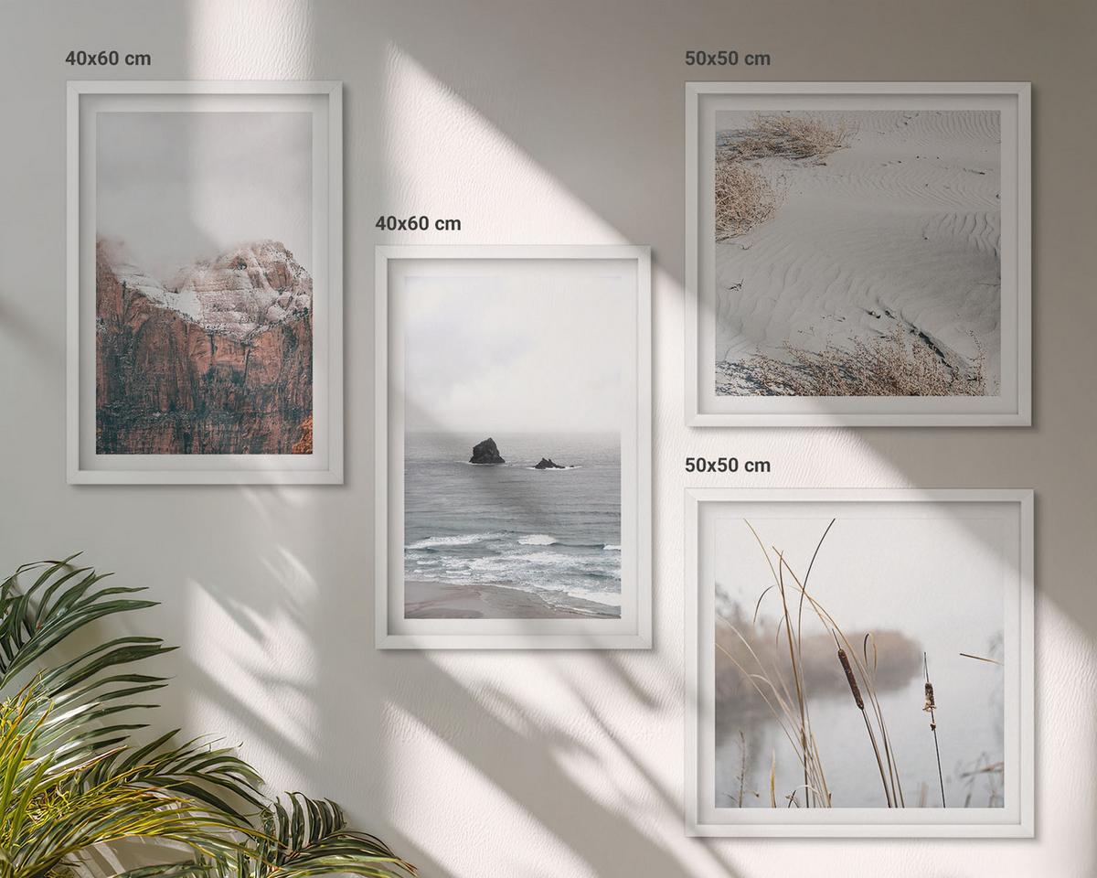 BILDER SET 4er Set - 50x50 cm & 40x60 cm Weißer Rahmen - Abstrakte Wellen, graue Pastellfarben - Weiß, Kunststoff (50/50cm) - TULUP