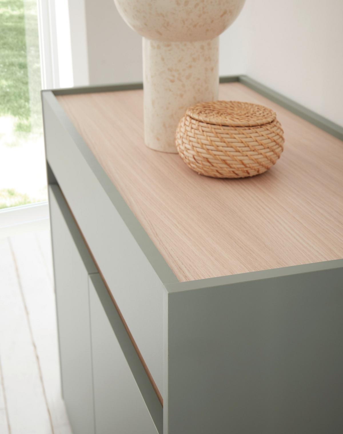 SCHUHSCHRANK Flur Kommode in Salbei Grün mit Eiche, Schubkasten und Fächer, 80 x 70 cm - Salbeigrün/Eichefarben, Holz/Holzwerkstoff (80/70/40cm) - Furn.Design