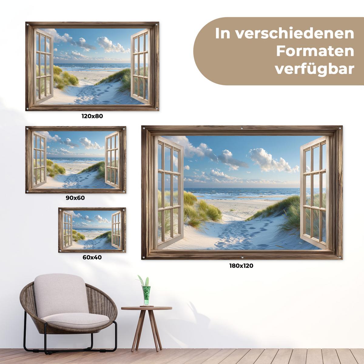 GARTENPOSTER Aussicht - Strand - Fenster - Dünen - Meer Poster für draußen 180x120 cm - Hellblau, Kunststoff (180/120/0.2cm) - OnlyWow