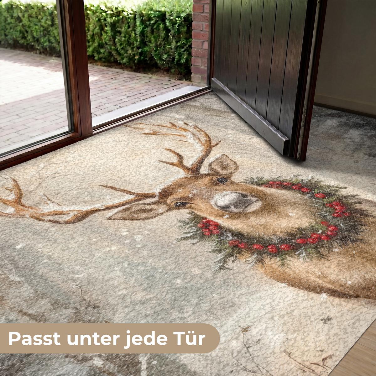 FUSSMATTE Weihnachten - Rentier - Winter - Kranz Flurteppich 180x120 cm - Braun, Kunststoff (180/0.4cm) - MuchoWow
