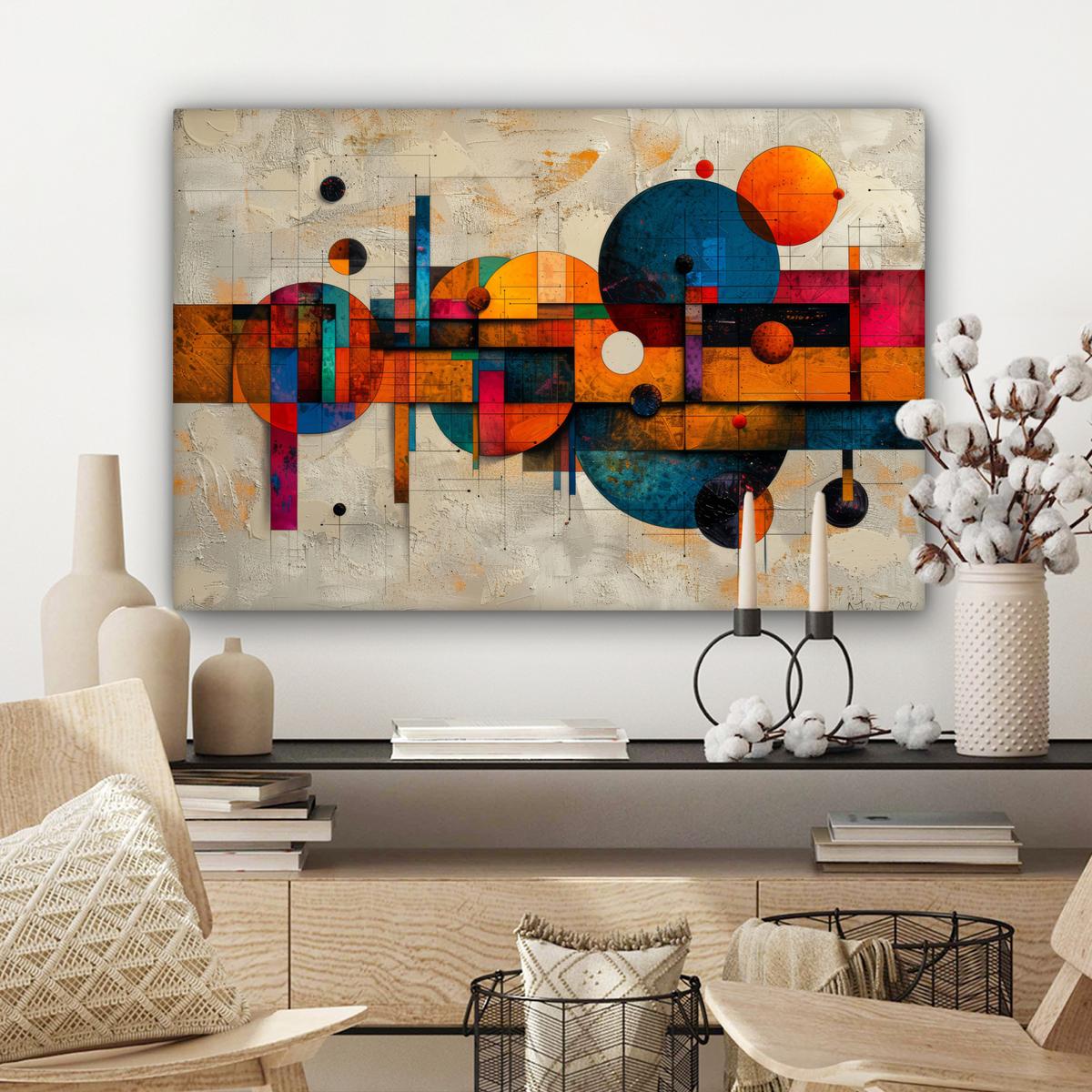 LEINWANDBILD Vintage - Moderne Kunst - Orange - Geometrische Formen Wanddeko 90x60 cm - Multicolor, Textil (90/60cm) - MuchoWow