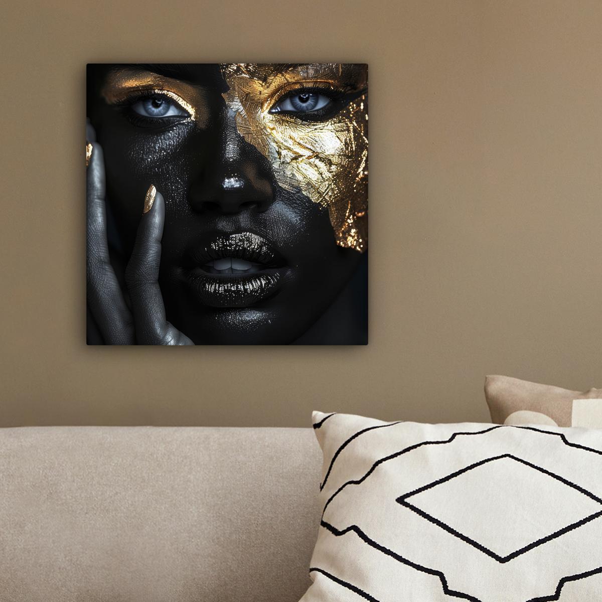 LEINWANDBILD Frau - Gold - Porträt - Schwarz-Weiß - Luxus Deko Wohnzimmer 20x20 cm - Hellblau, Textil (20/20cm) - MuchoWow