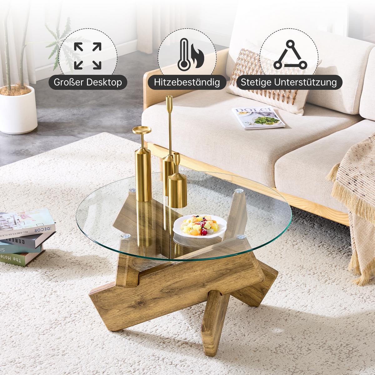 COUCHTISCH glas holzoptik kreuzgestell design - Wildeiche, Holzwerkstoff (79/79/45cm) - Urban Meuble