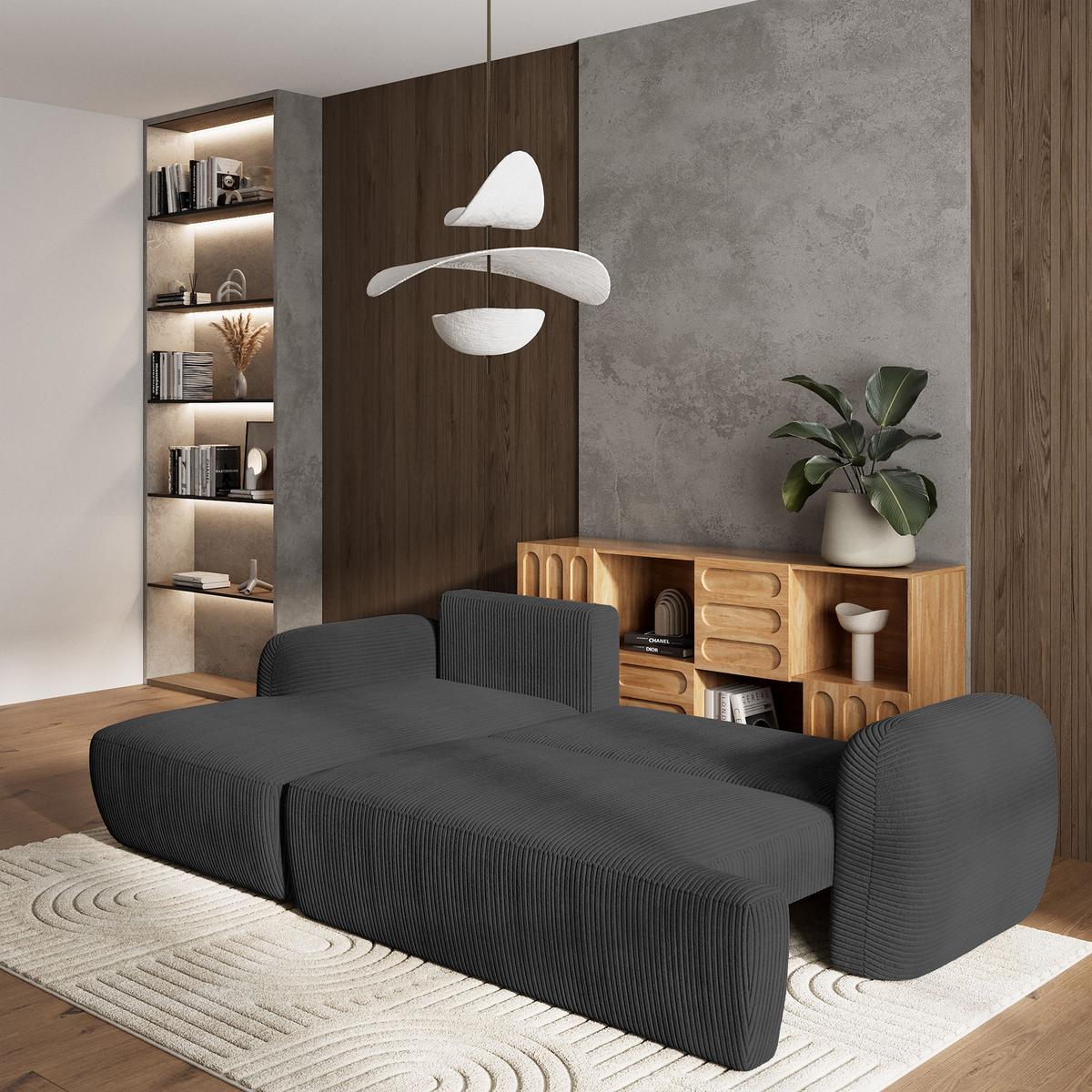 ECKSOFA MODENZA P L-S Graphitfarben Kordstoff mit Schlaffunktion - Graphitfarben/Schwarz, Holz/Kunststoff (266/148cm) - MASSENO