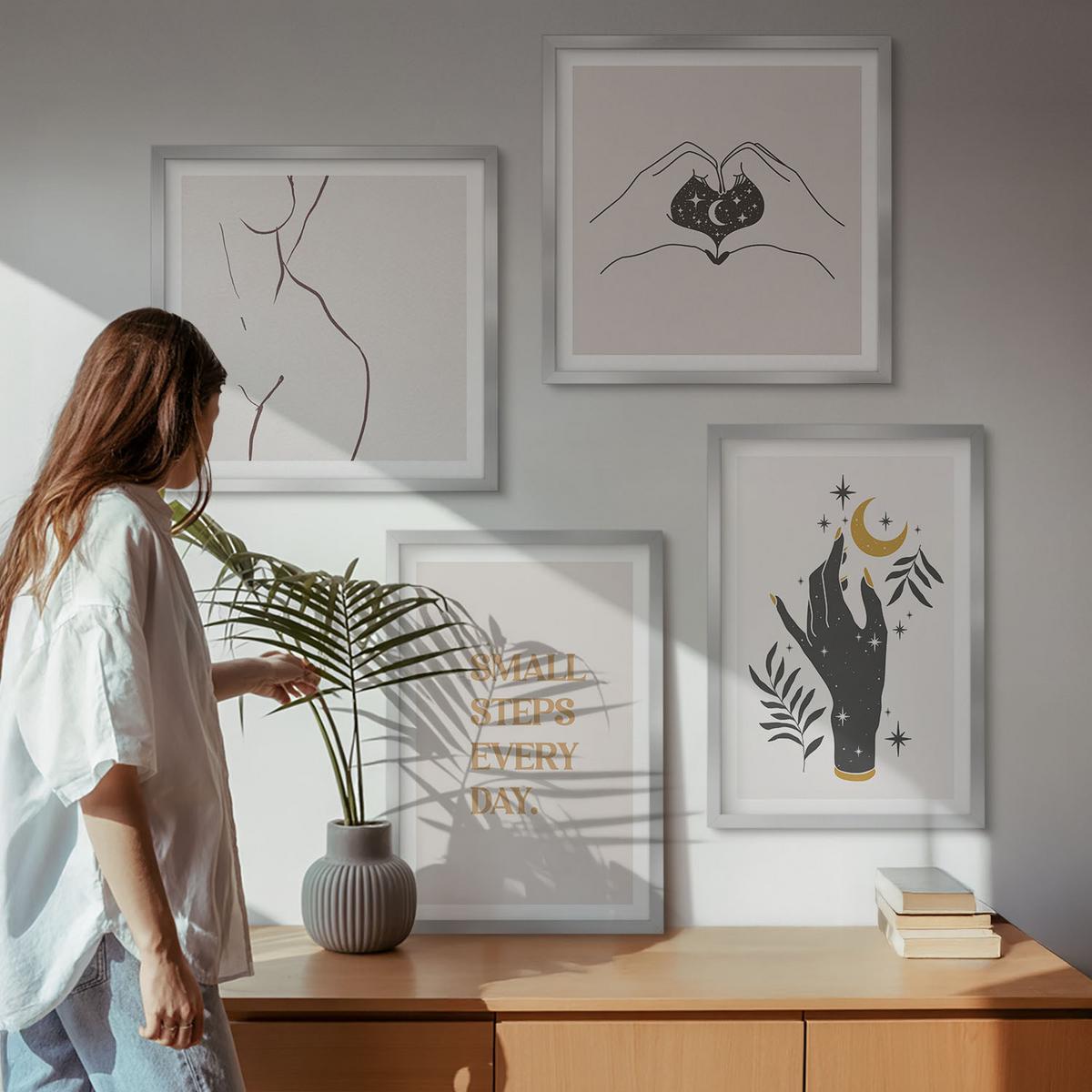 BILDER SET 4er Set - 50x50 cm & 40x60 cm Silberner Rahmen - Minimalistische Boho-Illustrationen - Silberfarben, Kunststoff (50/50cm) - TULUP