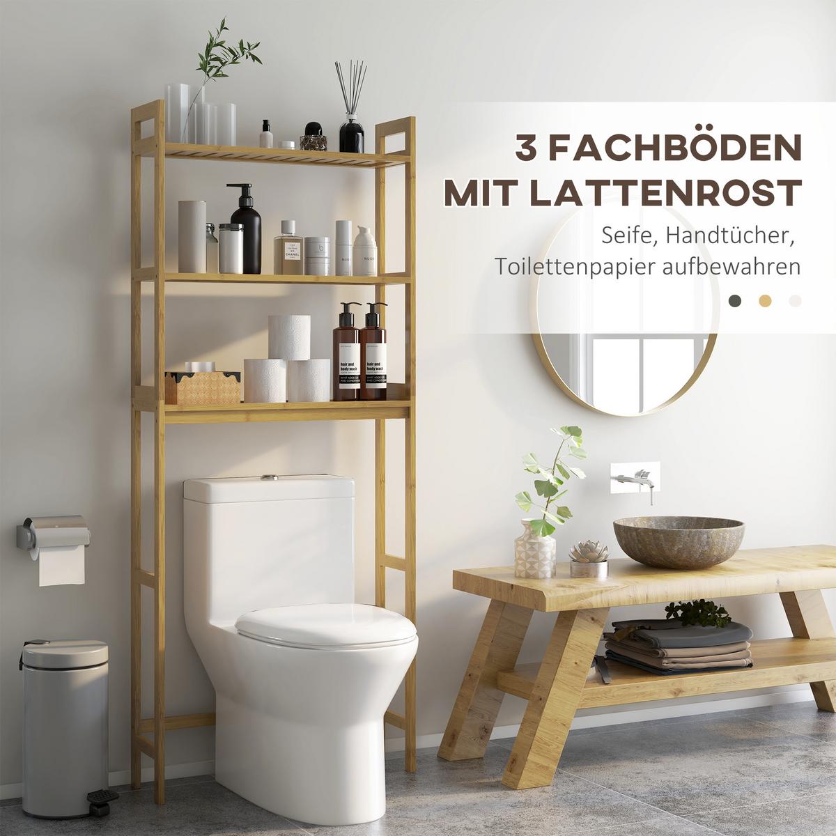 TOILETTENREGAL 3-stöckiges Badregal Standregal mit Kippschutz, Bambus, Natur - Naturfarben, Holz (20/165/68cm) - Kleankin