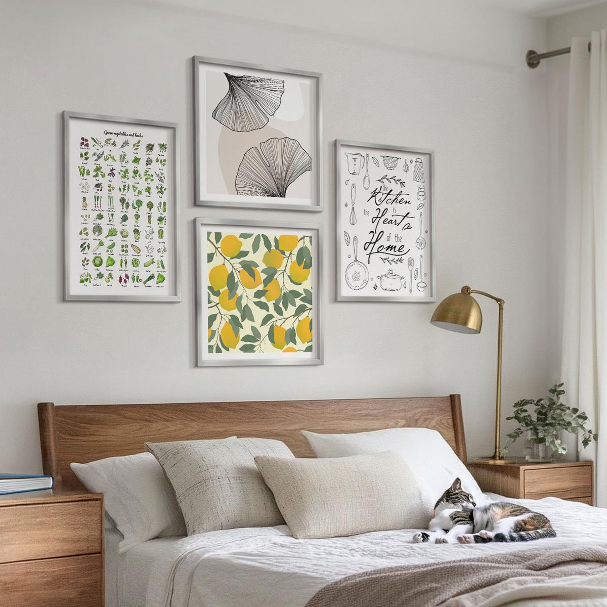 BILDER SET 4er Set - 50x50 cm & 40x60 cm Silberner Rahmen - Küchenkräuter-Zitronen-Malerei - Silberfarben, Kunststoff (50/50cm) - TULUP