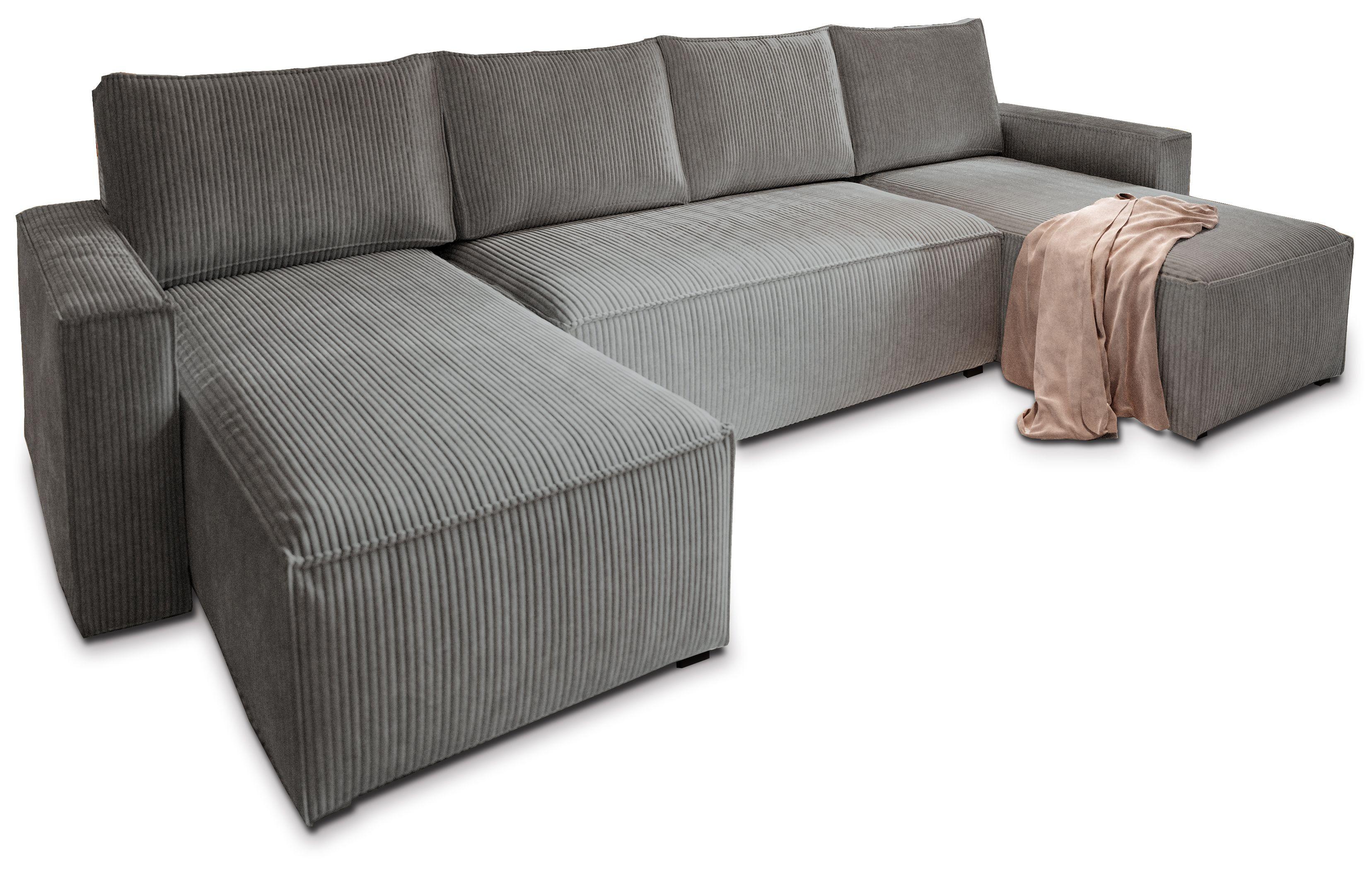 WOHNLANDSCHAFT ASPRA Grau Kordstoff mit Schlaffunktion - Grau, Holz/Kunststoff (295/85/140cm) - MASSENO