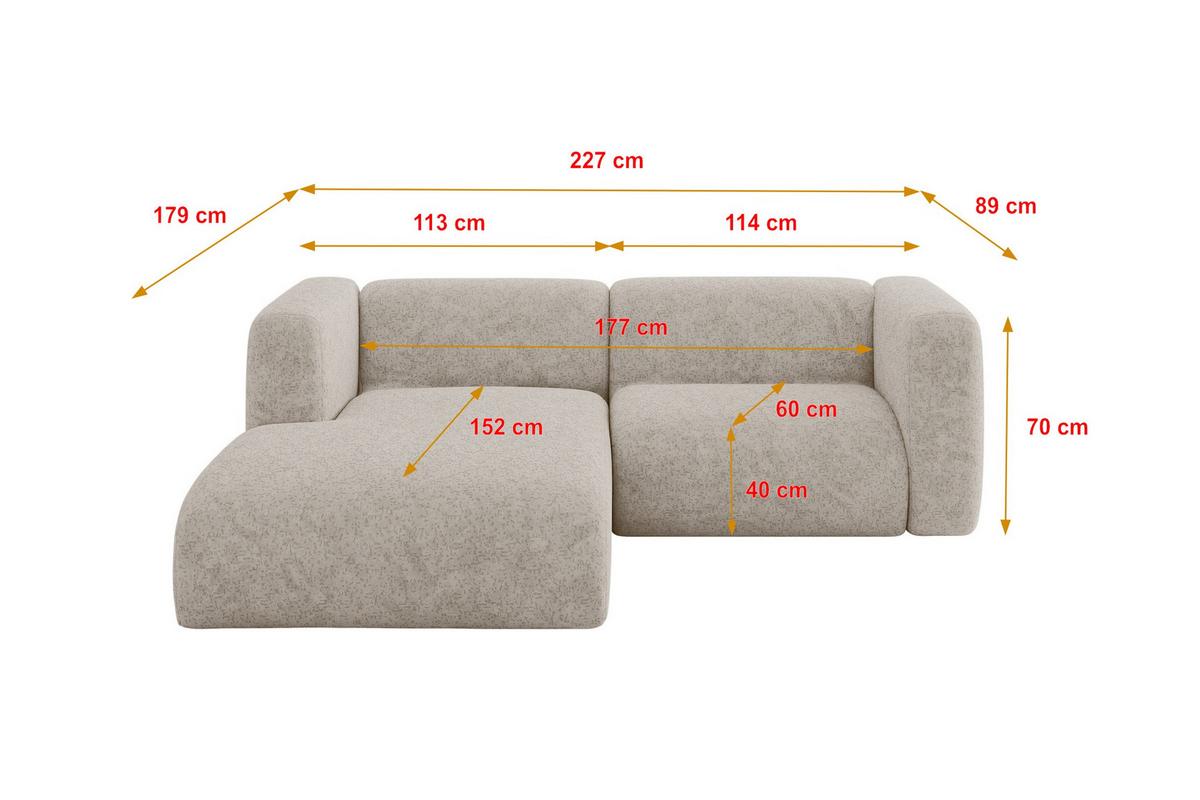ECKSOFA Ottomane Links MIRA-L1 227x179x89 Beige Velours - Beige/Schwarz, Holzwerkstoff/Kunststoff (227/179cm) - ALTDECOR