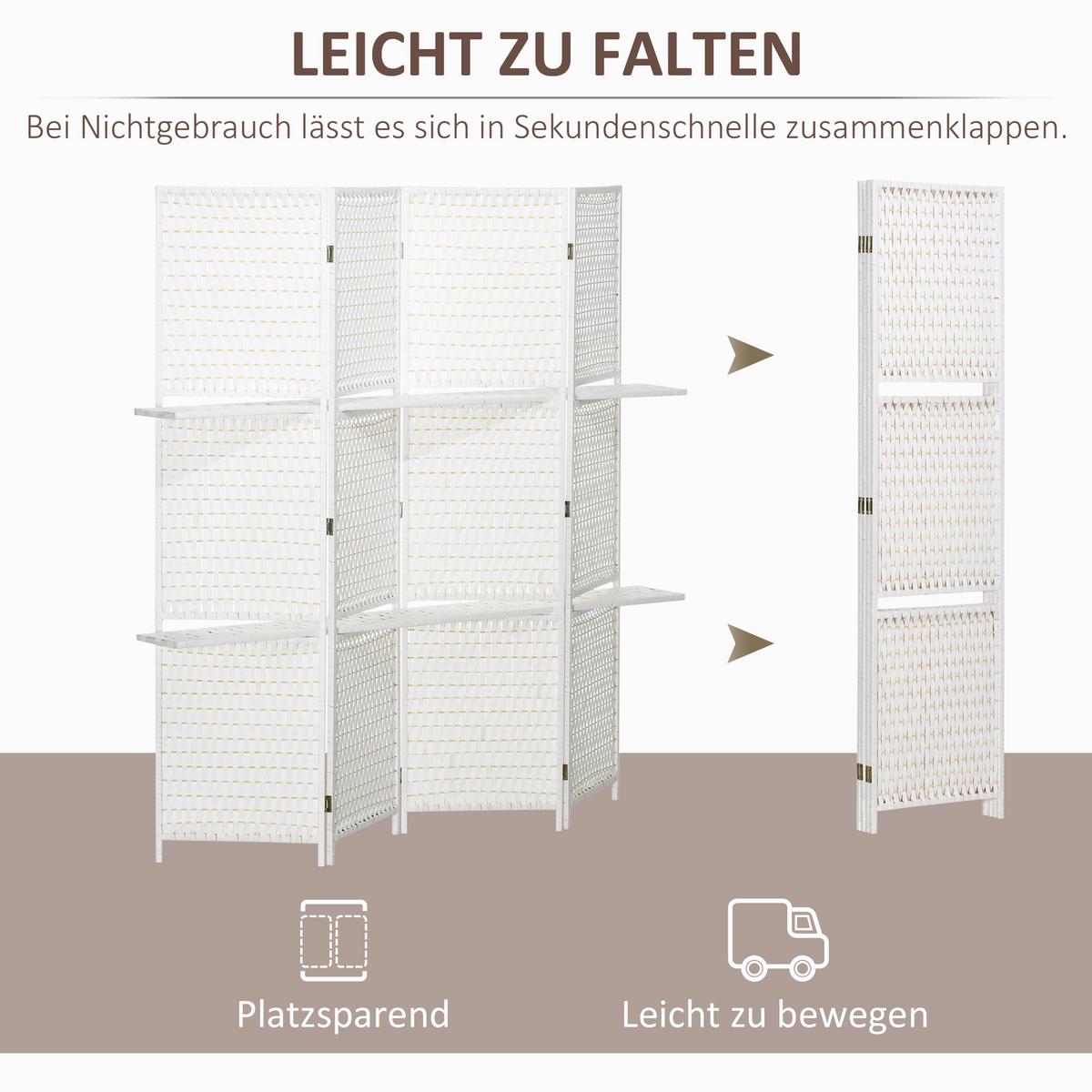 PARAVENT 4-teilig aus Papierfaser Weiß - Weiß, Holz (1.6/180cm) - HOMCOM