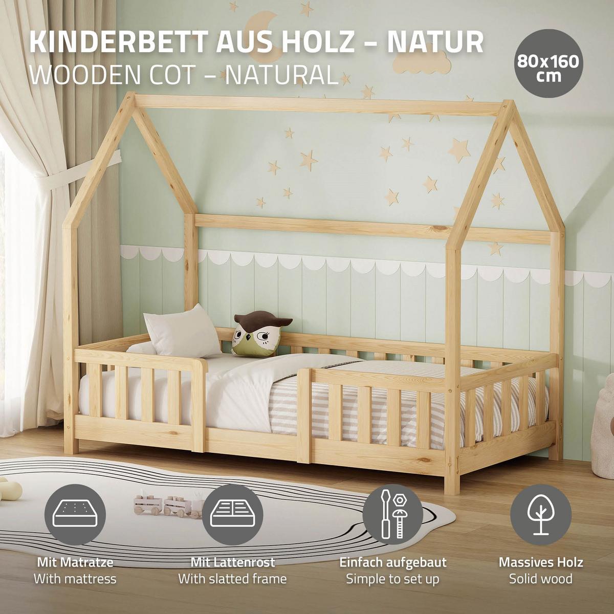 KINDERBETT 80x160 cm mit Matratze & Rausfallschutz Natur aus Kiefernholz - Naturfarben, Holz (80/160cm) - ML-DESIGN