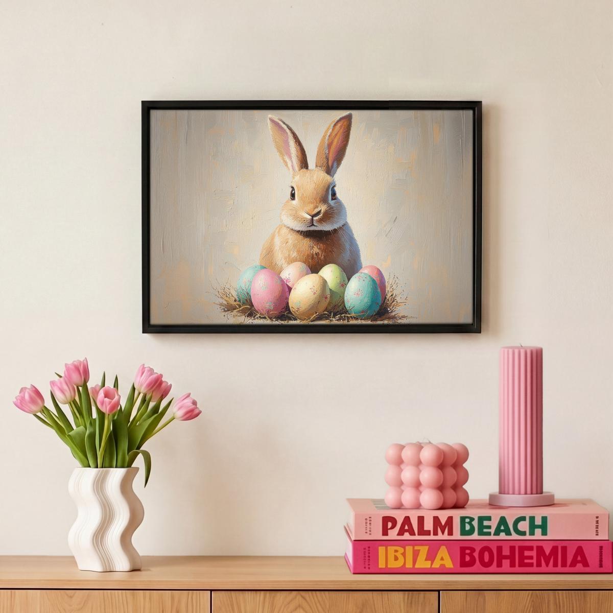 LEINWAND Bilder mit Rahmen - Osterhase - Pastell - Eier - 30x20 - Beige, Textil (30/20cm) - MuchoWow