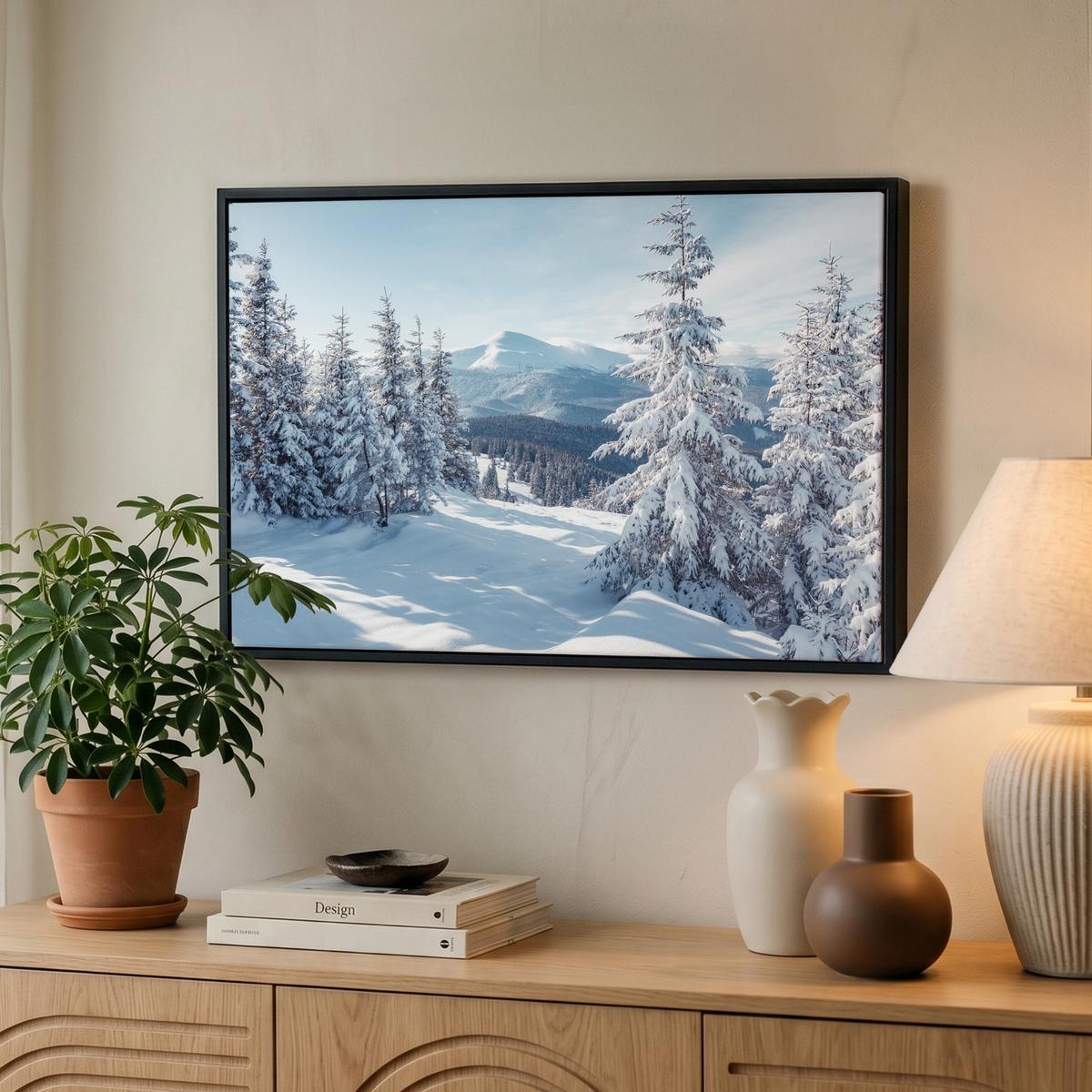 LEINWAND Bilder mit Rahmen - Winterlandschaft - Natur - Berge - Bäume - Schnee - 60x40 - Hellblau, Textil (60/40cm) - MuchoWow
