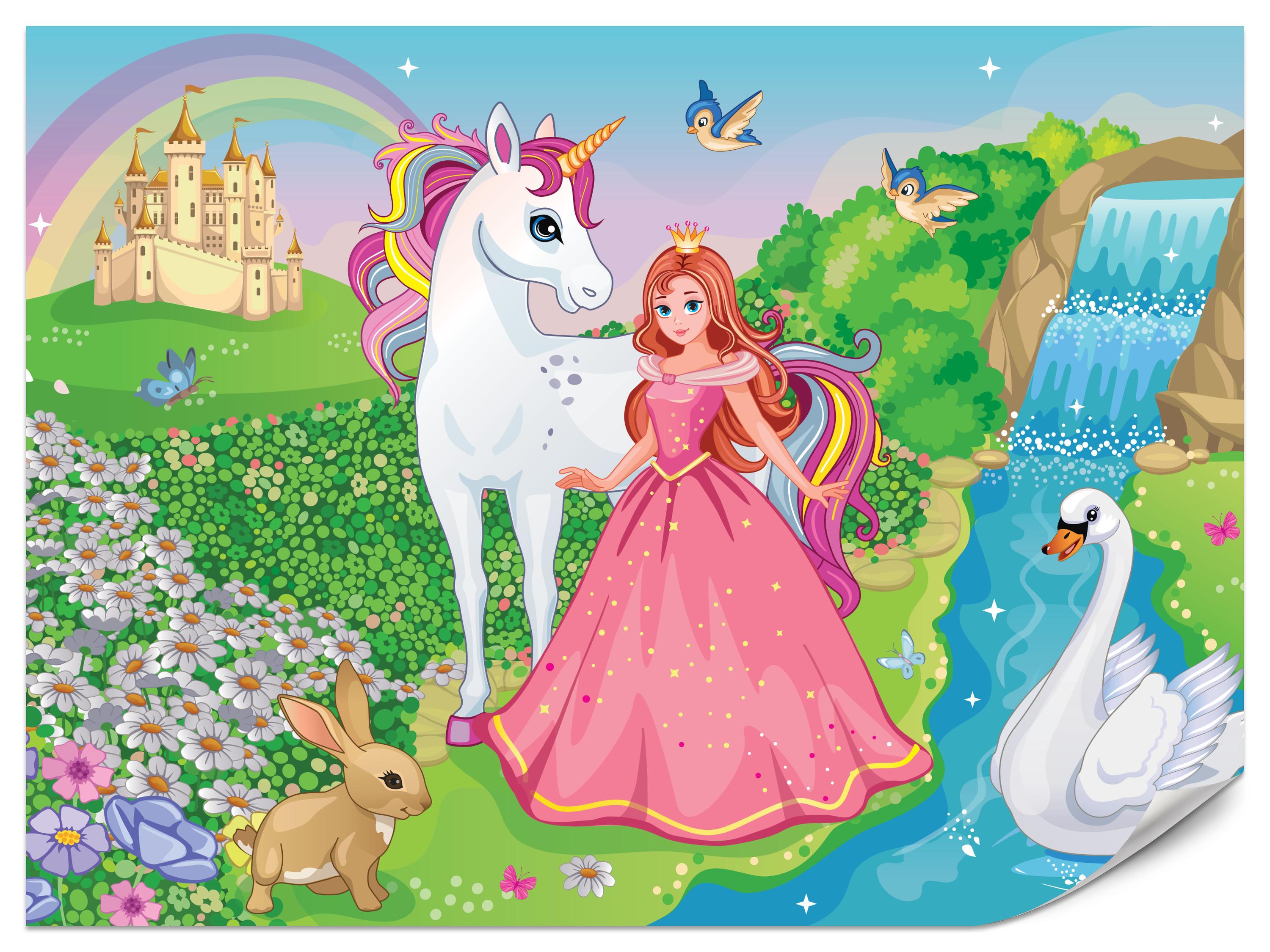 FOTOTAPETE für Kinderzimmer Prinzessin Einhorn Schloss Wasserfall Blumen 300x210 - Blau/Gelb, Papier (300/210cm) - Muralo