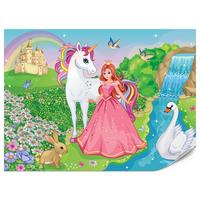 FOTOTAPETE für Kinderzimmer Prinzessin Einhorn Schloss Wasserfall Blumen 300x210 - Blau/Gelb, Papier (300/210cm) - Muralo