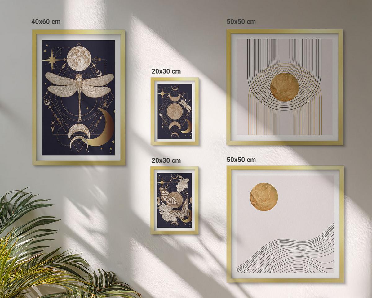 BILDER SET 5er Set - 50x50 cm & 20x30 cm & 40x60 cm Goldrahmen - Naturmotive mit dem Mond - Goldfarben, Kunststoff (40/60cm) - TULUP