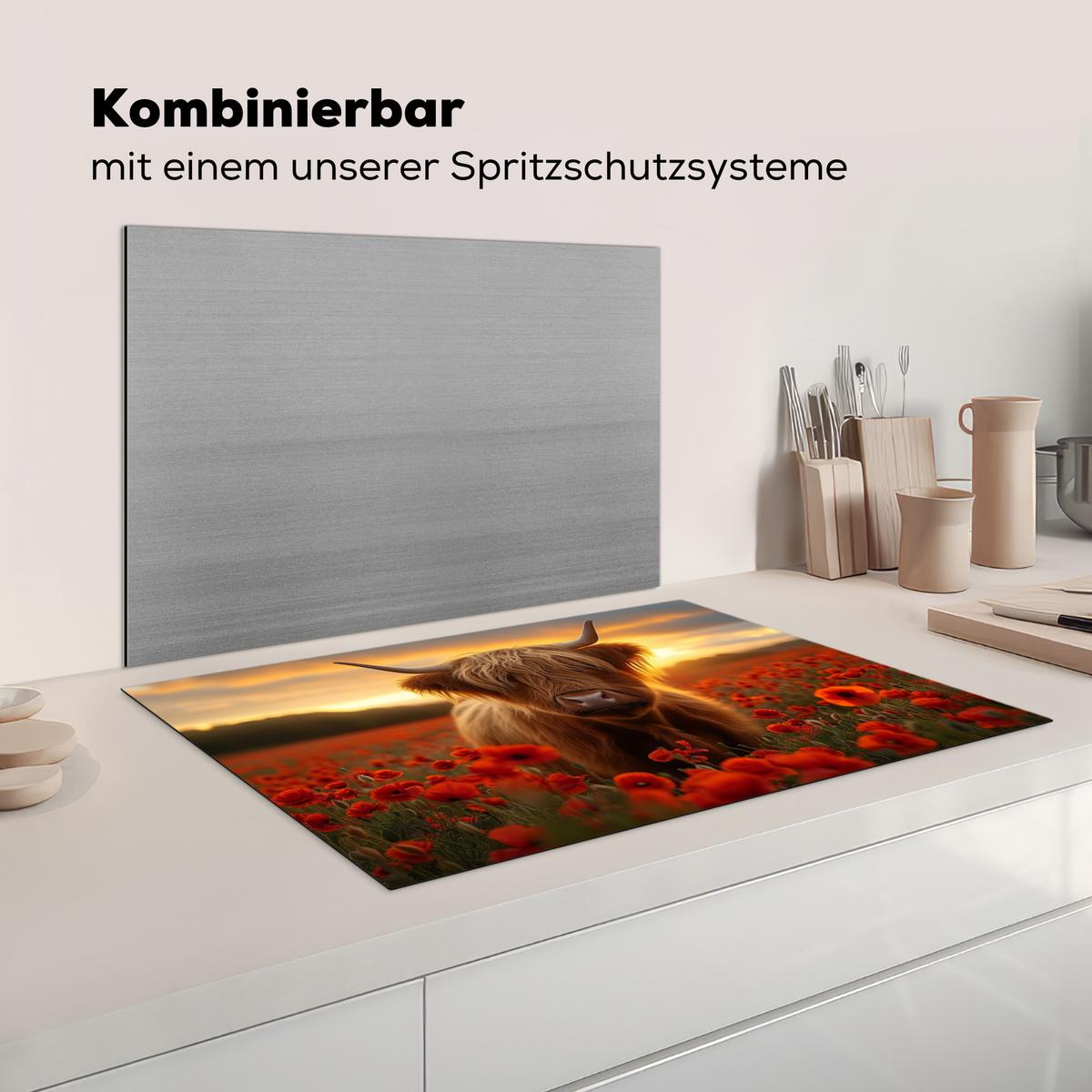 HERDABDECKPLATTE Schottische Highlander - Rosen - Blumenfeld - Sonnenuntergang Induktionsschutz 81.6x52.7 cm - Rotbraun, Kunststoff (81.6/52.7/0.2cm) - MuchoWow