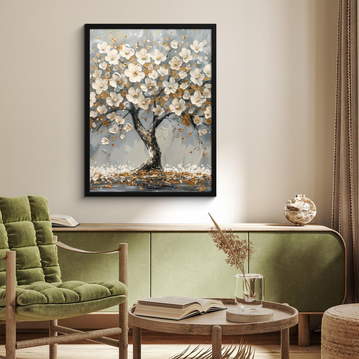 POSTER MIT RAHMEN Baum - Blumen - Weiß - Natur - Kunst Posterleiste 60x80 cm - Weiß, Papier (60/80cm) - MuchoWow
