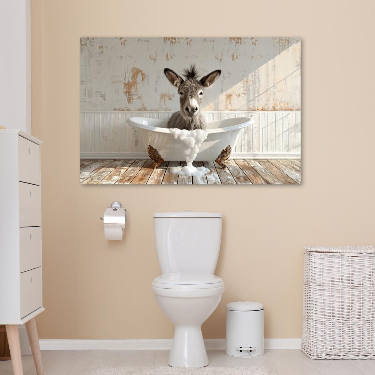 LEINWANDBILD Esel - Tiere - Badewanne - Schaumstoff Wohnzimmer Groß 120x80 cm - Weiß, Textil (120/80cm) - MuchoWow