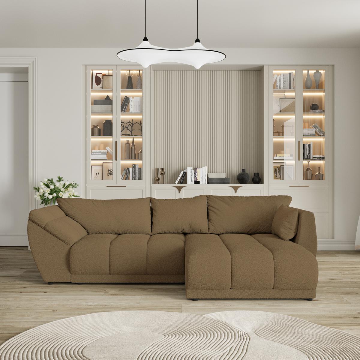ECKSOFA ORENTI R-S Orange Boucle-Stoff mit Schlaffunktion - Orange, Holz (287/182cm) - MASSENO
