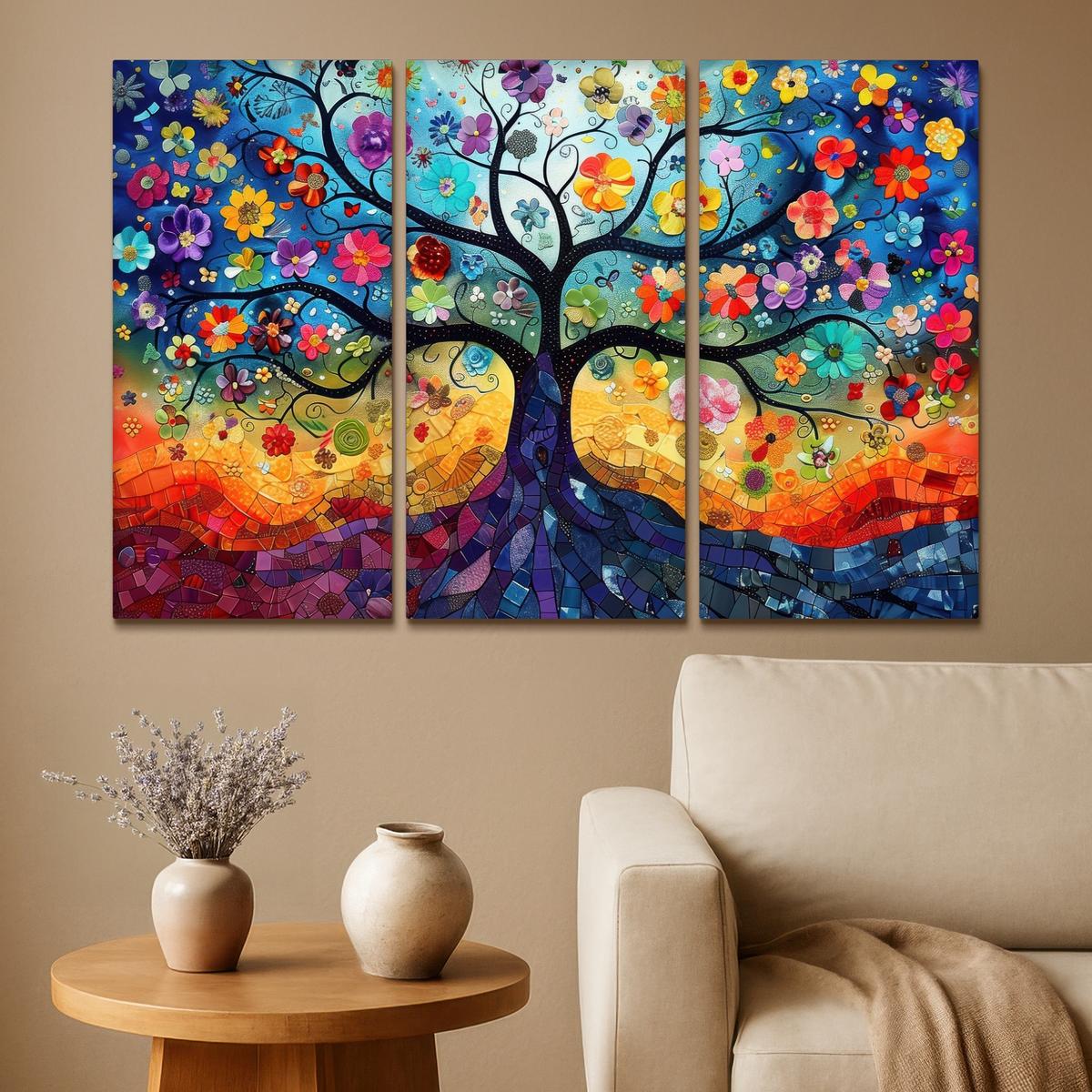 LEINWANDBILD 3er Set Bunt - Baum des Lebens - Blumen - Abstrakt 120x80 cm - Blau, Textil (120/80cm) - MuchoWow