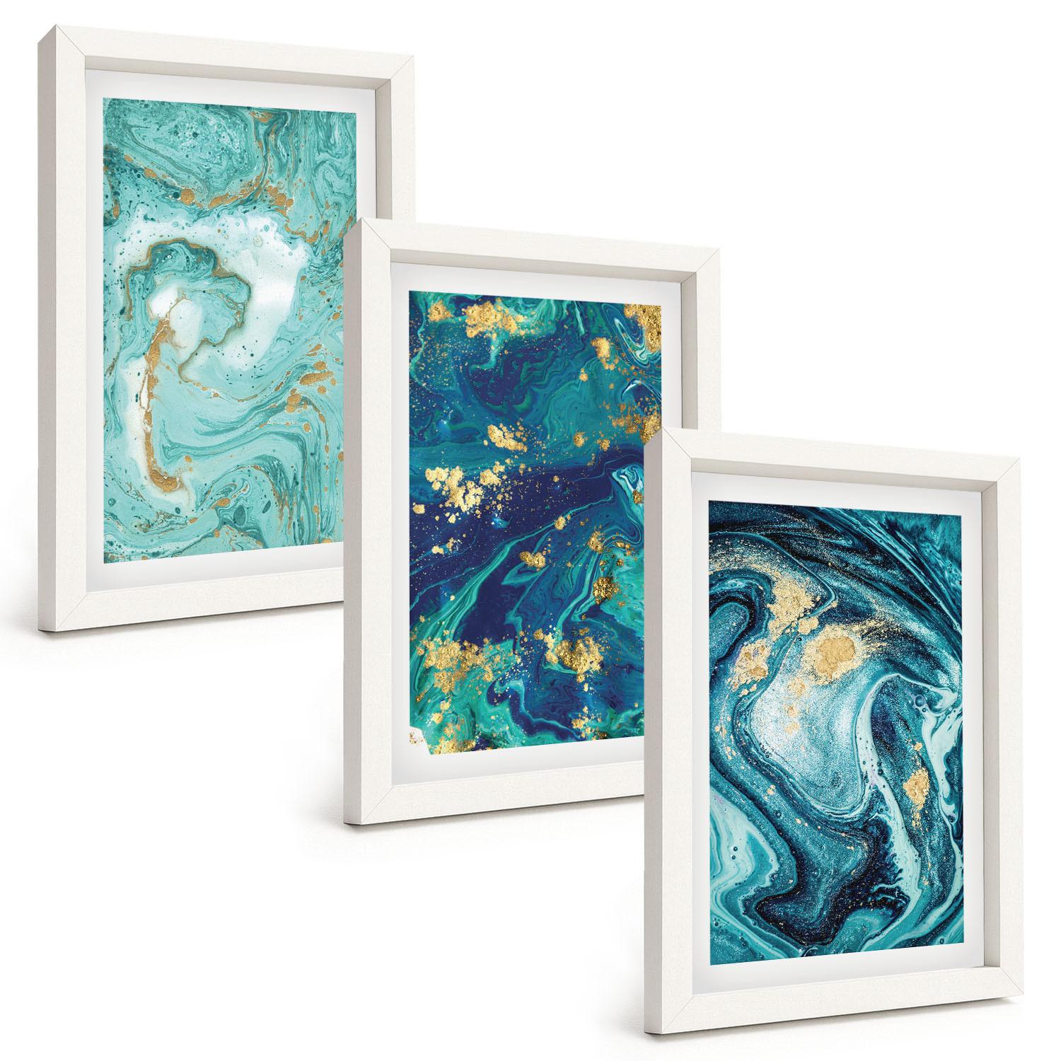 BILDER SET 3er Set - 20x30 cm Weißer Rahmen - Abstraktion von Türkisfarbe - Weiß, Kunststoff (20/30cm) - TULUP