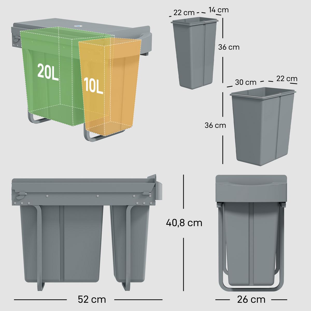 EINBAUMÜLLEIMER Kunststoff Metall Grau - Grau, Kunststoff (26/40.8/52cm) - HOMCOM