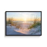 POSTER MIT RAHMENGERAHMTES BILD Strand - Sonne - Düne - Gras - Sand - Horizont 120x80 cm - Hellblau, Papier (120/80cm) - MuchoWow
