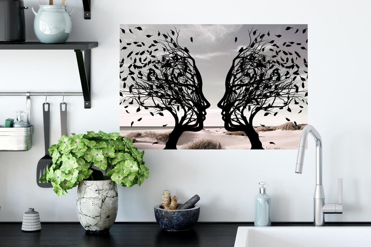WANDTATTOO Strand - Meer - Menschen - Baum - Moderne Kunst Deko Wohnzimmer 60x40 cm - Hellgrau, Kunststoff (60/40/0.1cm) - MuchoWow