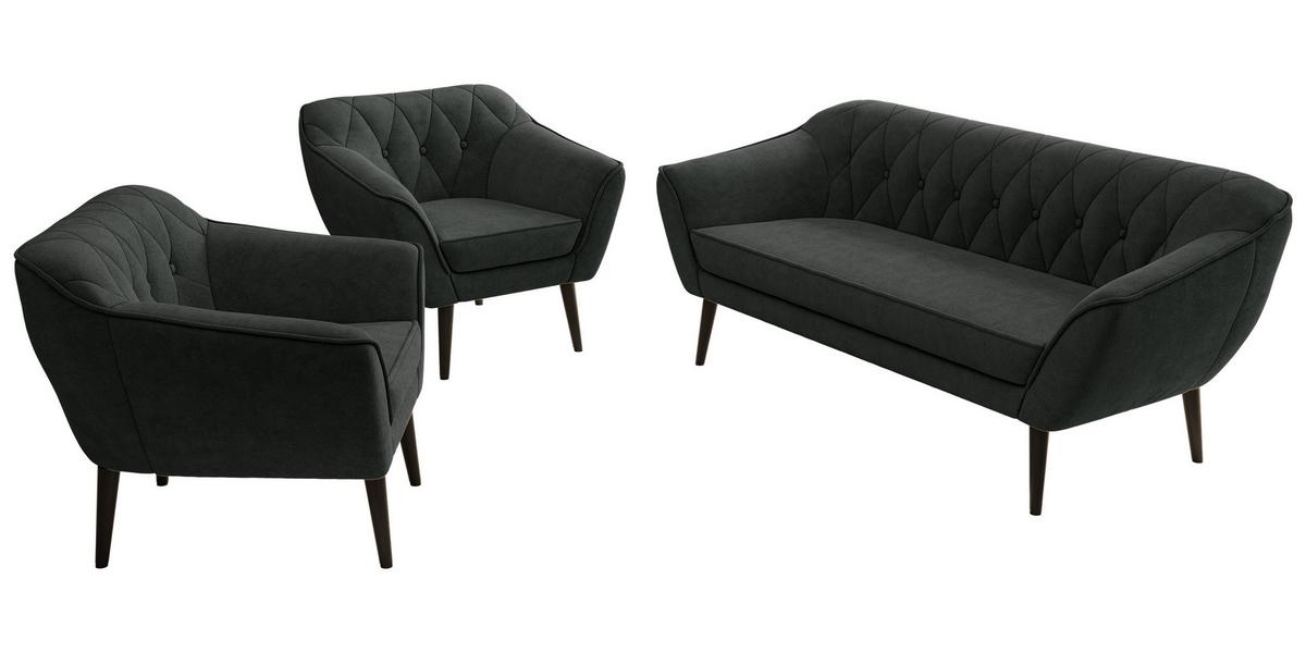 SITZGARNITUR PIRS 3+1+1 - Dunkelgrau Strukture - Schwarze Beine - Dunkelgrau/Graphitfarben, Holzwerkstoff/Textil (180/75/74cm) - MKS
