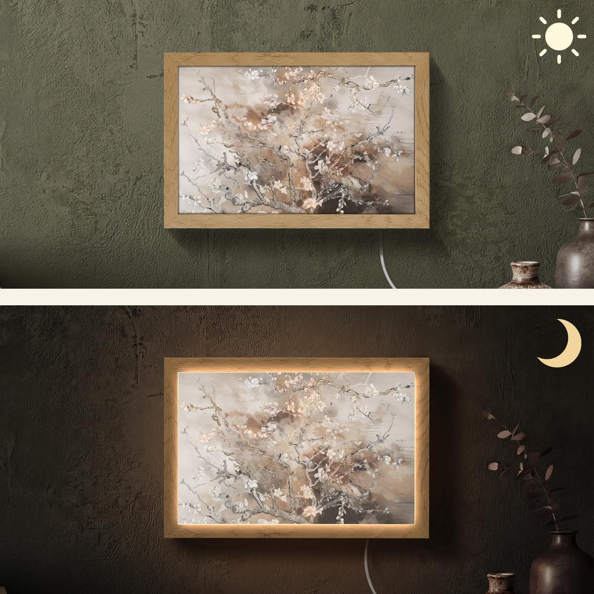 WANDLEUCHTE Mandelblüte - Kunst - Van Gogh - Beige - Abstrakt 30x20 cm - Graubraun, Holzwerkstoff (30/20/8cm) - OnlyWow