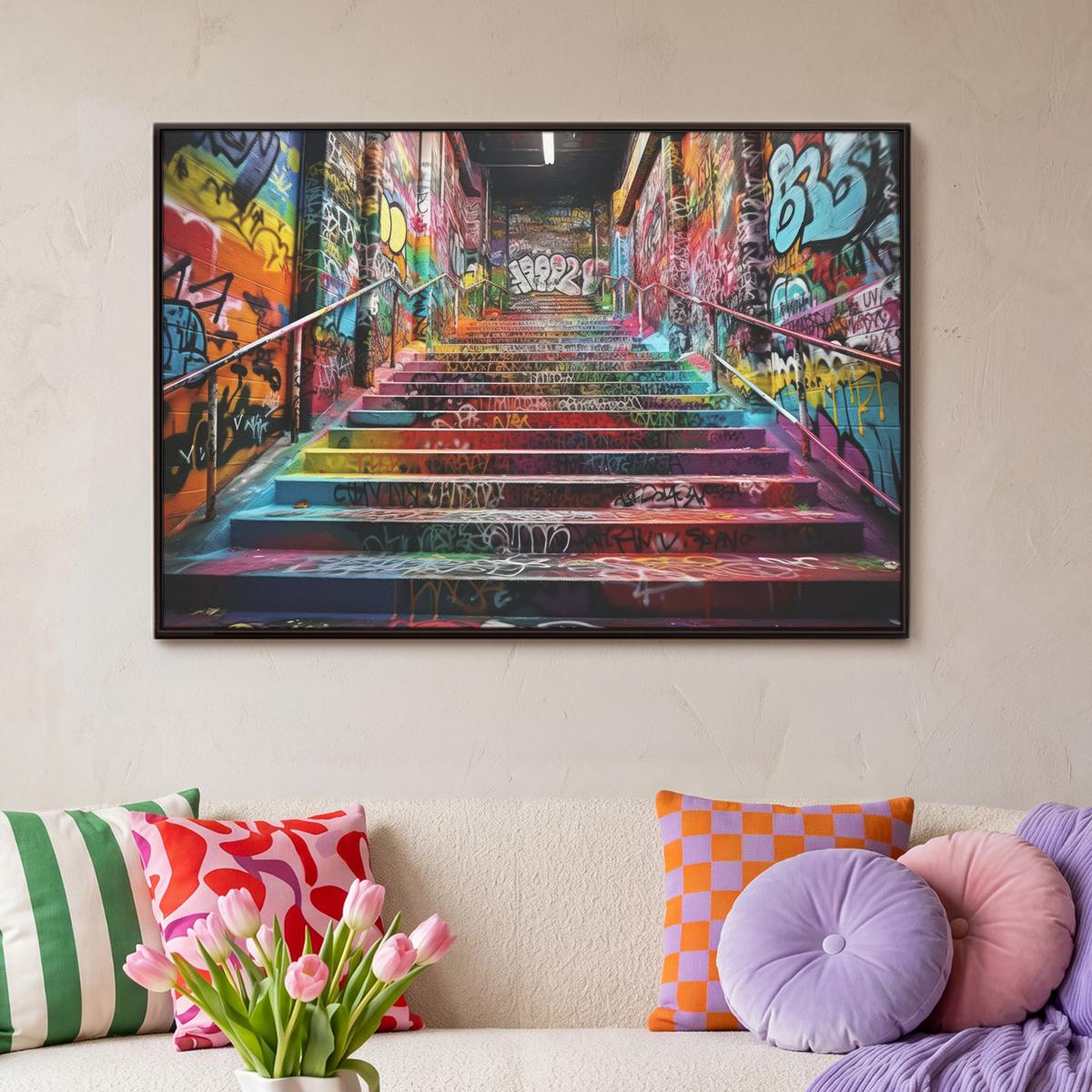 LEINWAND Bilder mit Rahmen - Treppe - Graffiti - Farben - Kunst - 90x60 - Multicolor, Textil (90/60cm) - MuchoWow