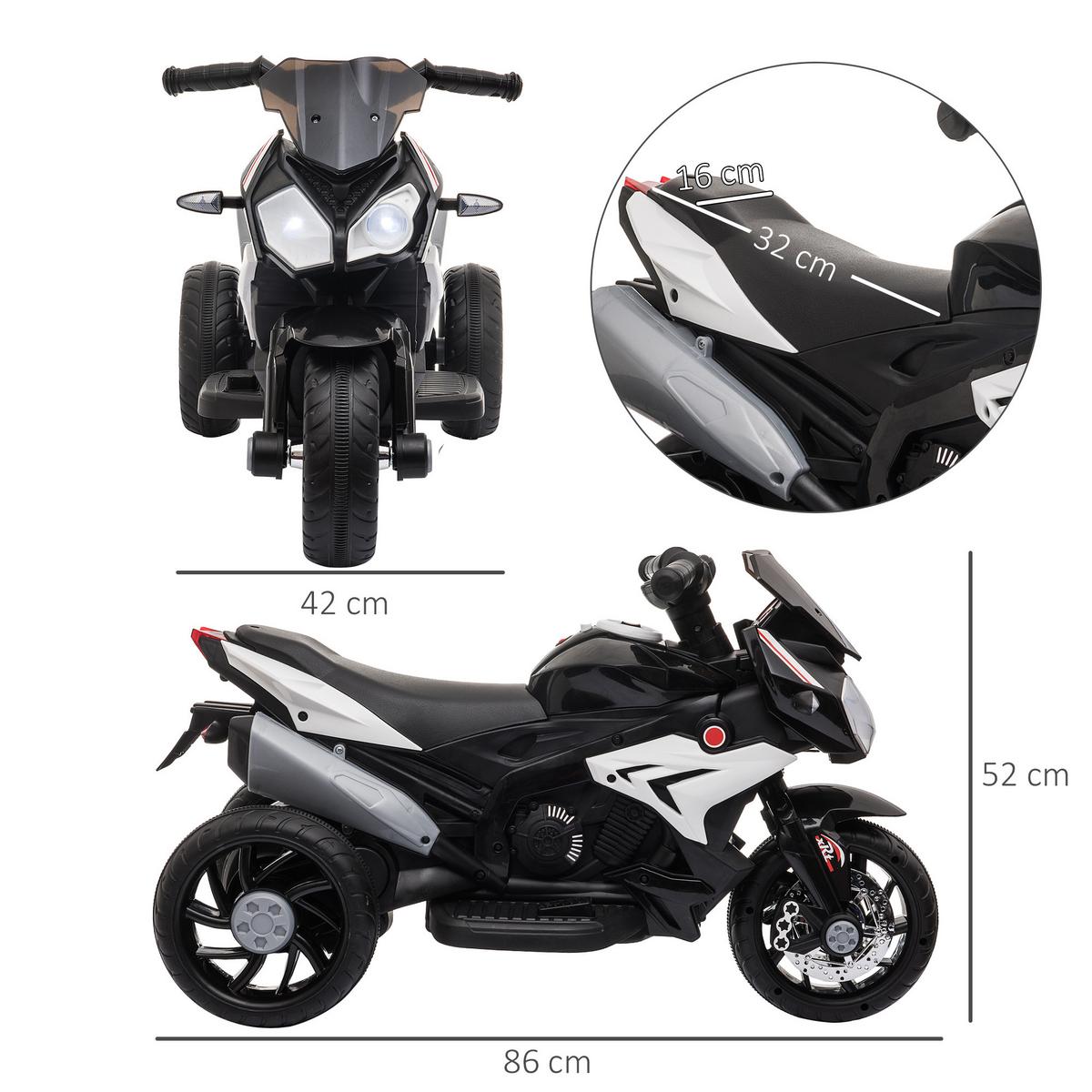 KINDER-ELEKTROMOTORRAD Kinderfahrzeug mit Lichtern und Geräuschen bis 3km/h - Schwarz, Metall (86/42/52cm) - HOMCOM