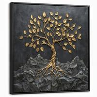 LEINWAND Bilder mit Rahmen - Blätter - Gold - Baum - Fels - 50x50 - Schwarz, Textil (50/50cm) - MuchoWow