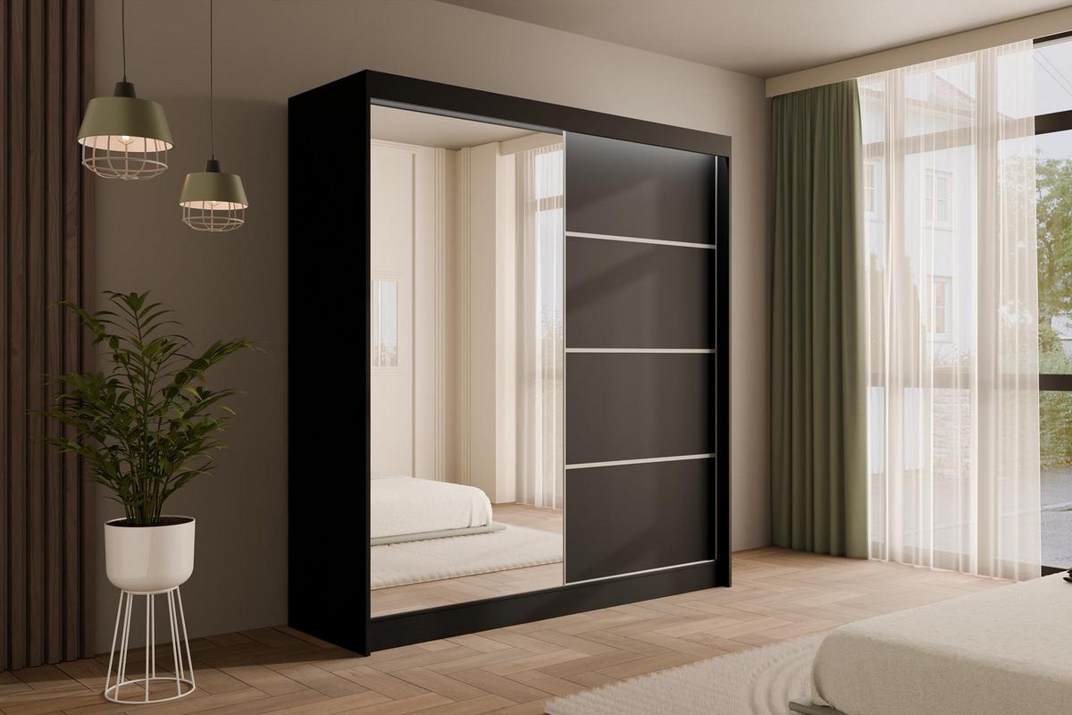 KLEIDERSCHRANK PAOKI mit LED - 200 cm - Schwarz - Schwarz, Holzwerkstoff (200/215/61cm) - ALTDECOR