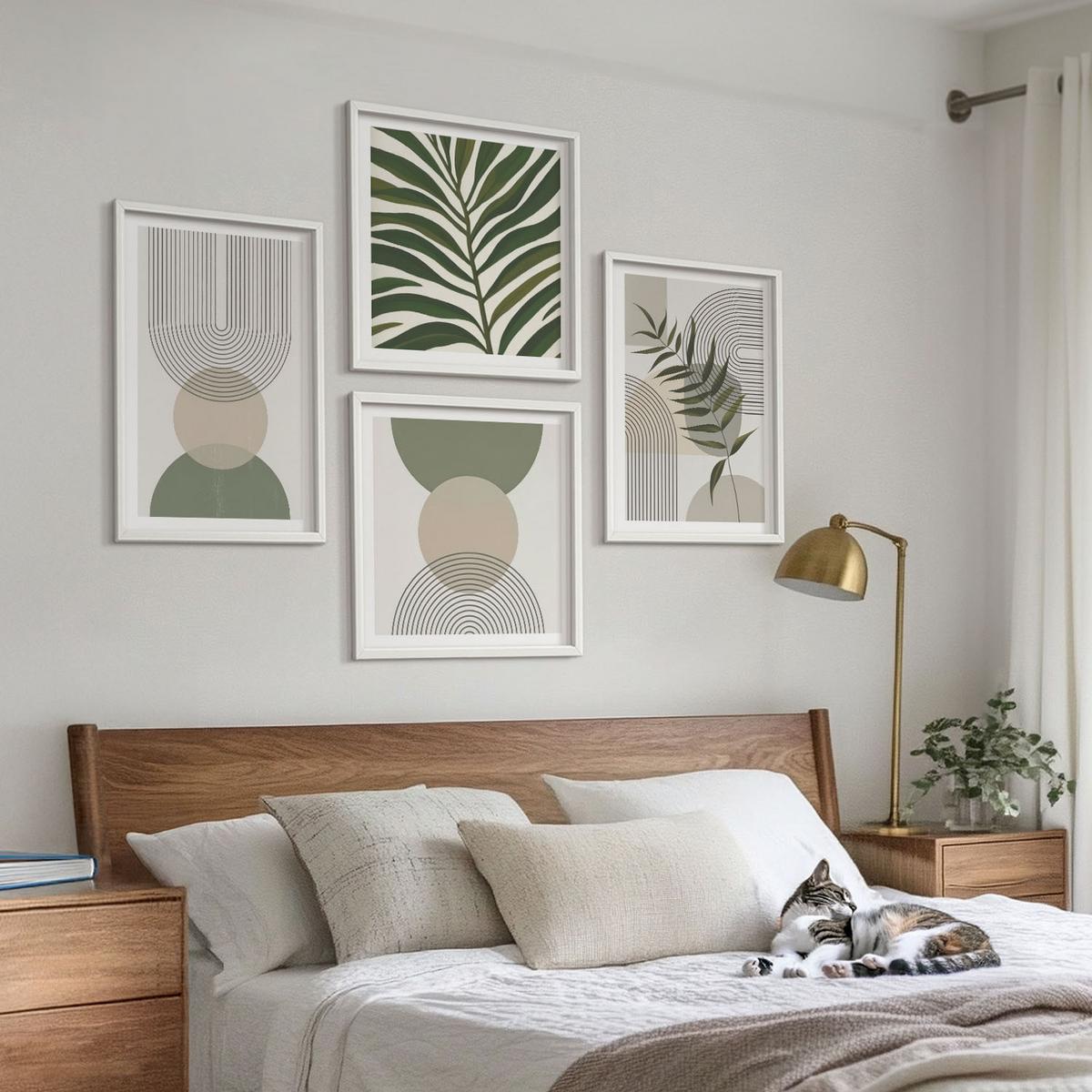 BILDER SET 4er Set - 50x50 cm & 40x60 cm Weißer Rahmen - Abstrakte Blätter im Boho-Stil - Weiß, Kunststoff (50/50cm) - TULUP
