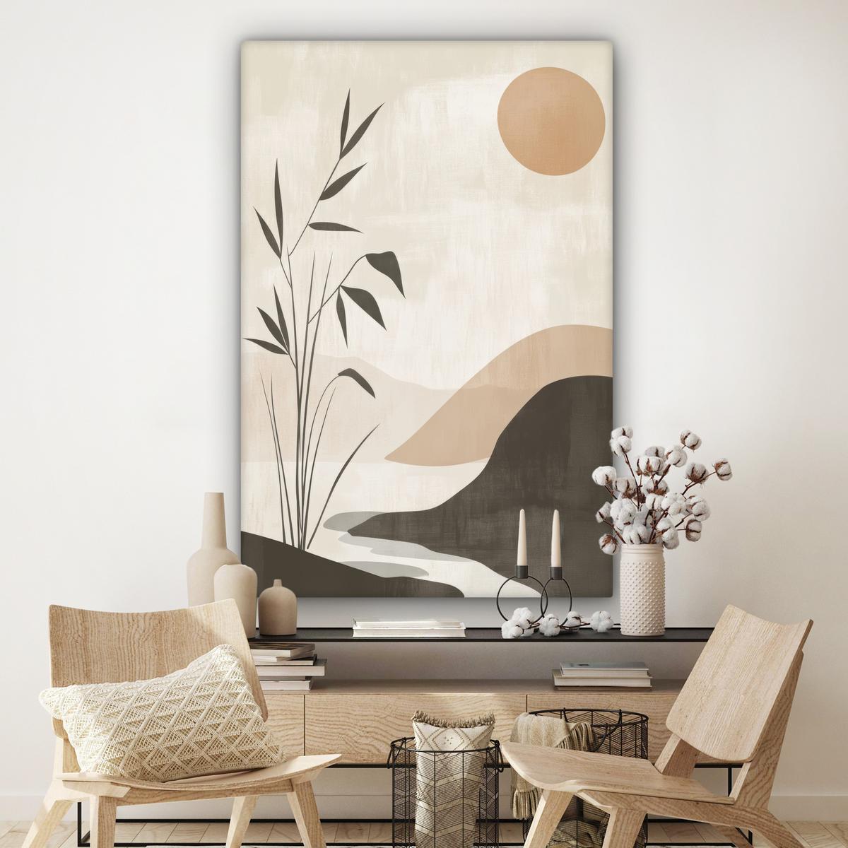 LEINWANDBILD Japandi - Landschaft - Beige Deko Groß 90x140 cm - Cognac, Textil (90/140cm) - MuchoWow