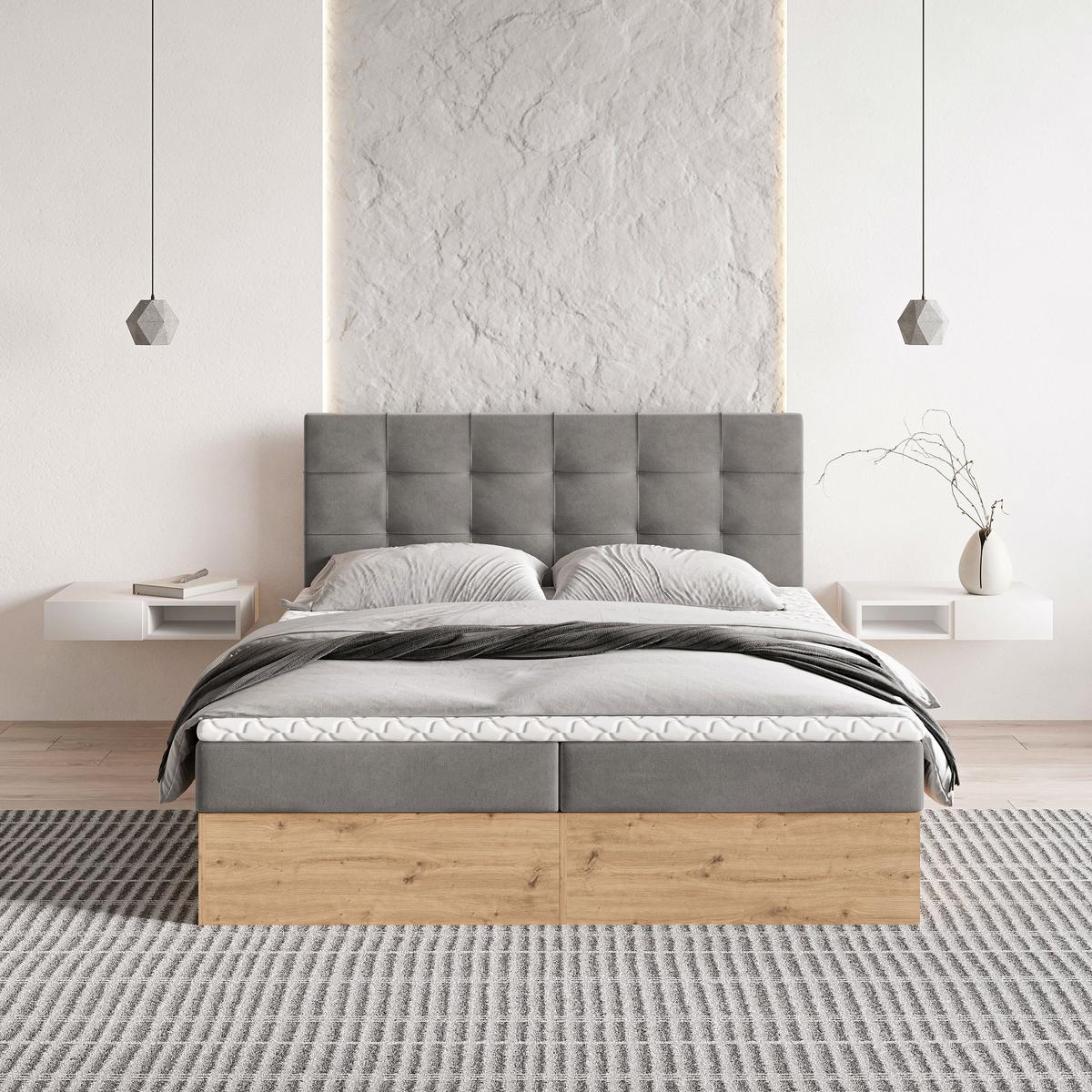 BOXBETT MOLVEN 160x200 cm mit Matratze und Topper - Grau - Grau, Holz (160/200cm) - MASSENO