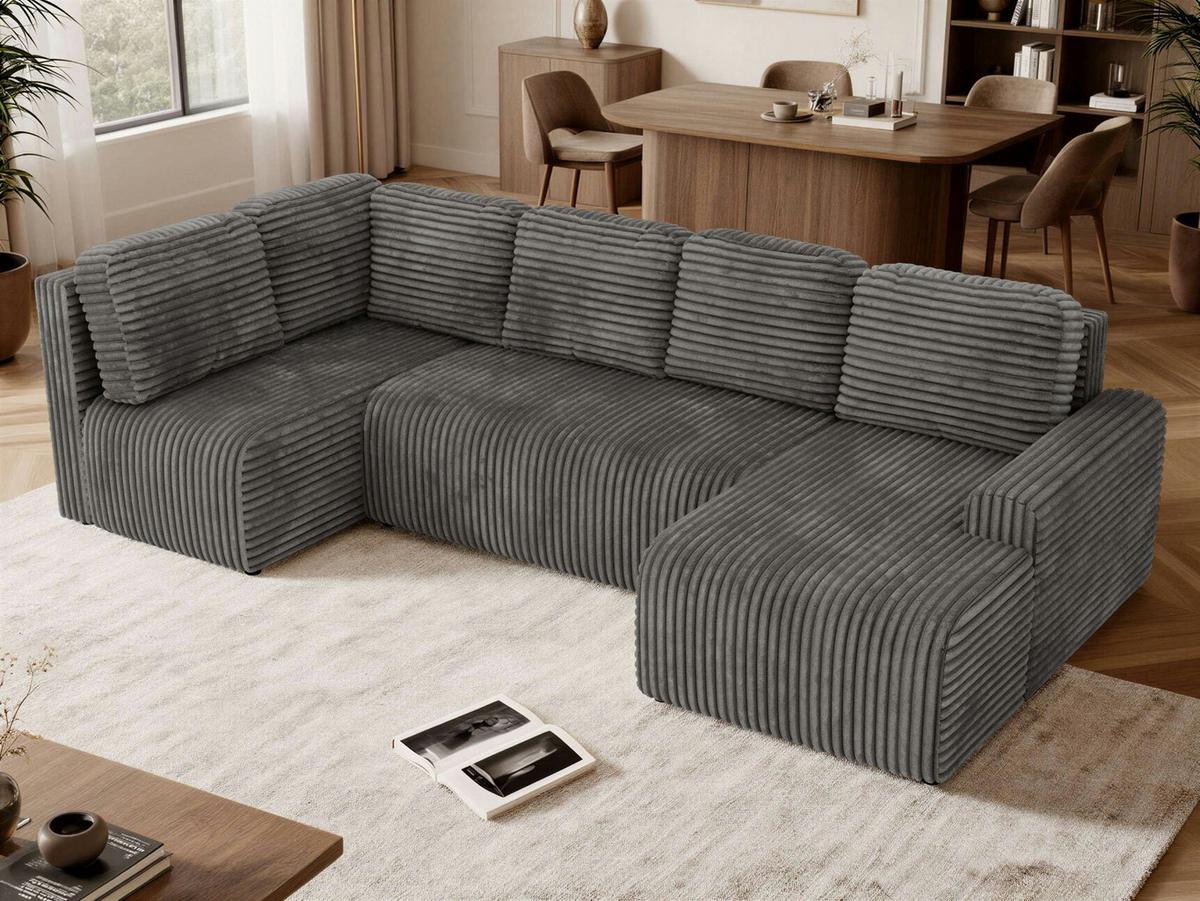 WOHNLANDSCHAFT NESSARO COR U Grau Cord - Links Seite - Schwarz/Grau, Kunststoff/Textil (307/92/151cm) - MKS