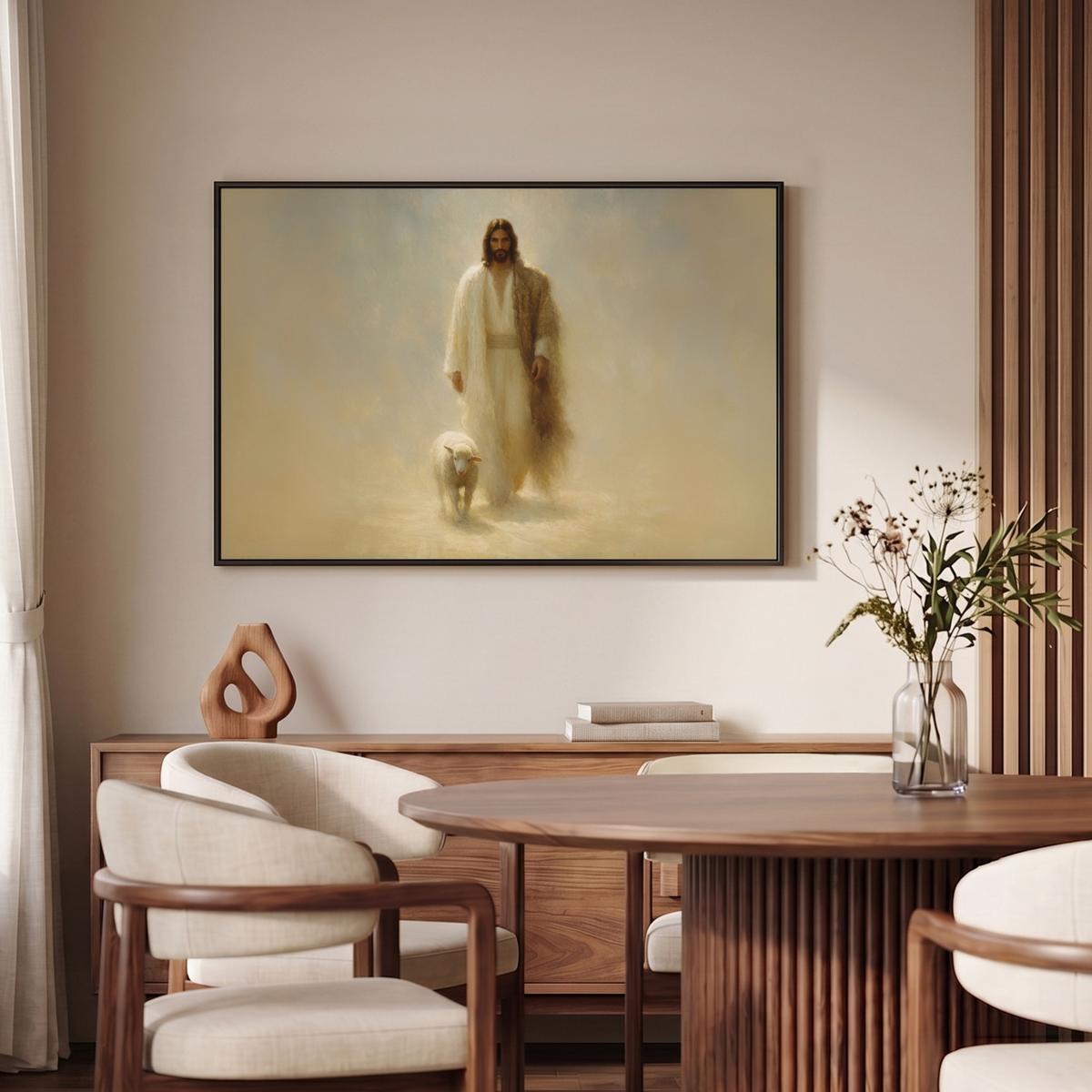 LEINWAND Bilder mit Rahmen - Schaf - Jesus - Pinselstriche - Abstrakt - 90x60 - Beige, Textil (90/60cm) - MuchoWow