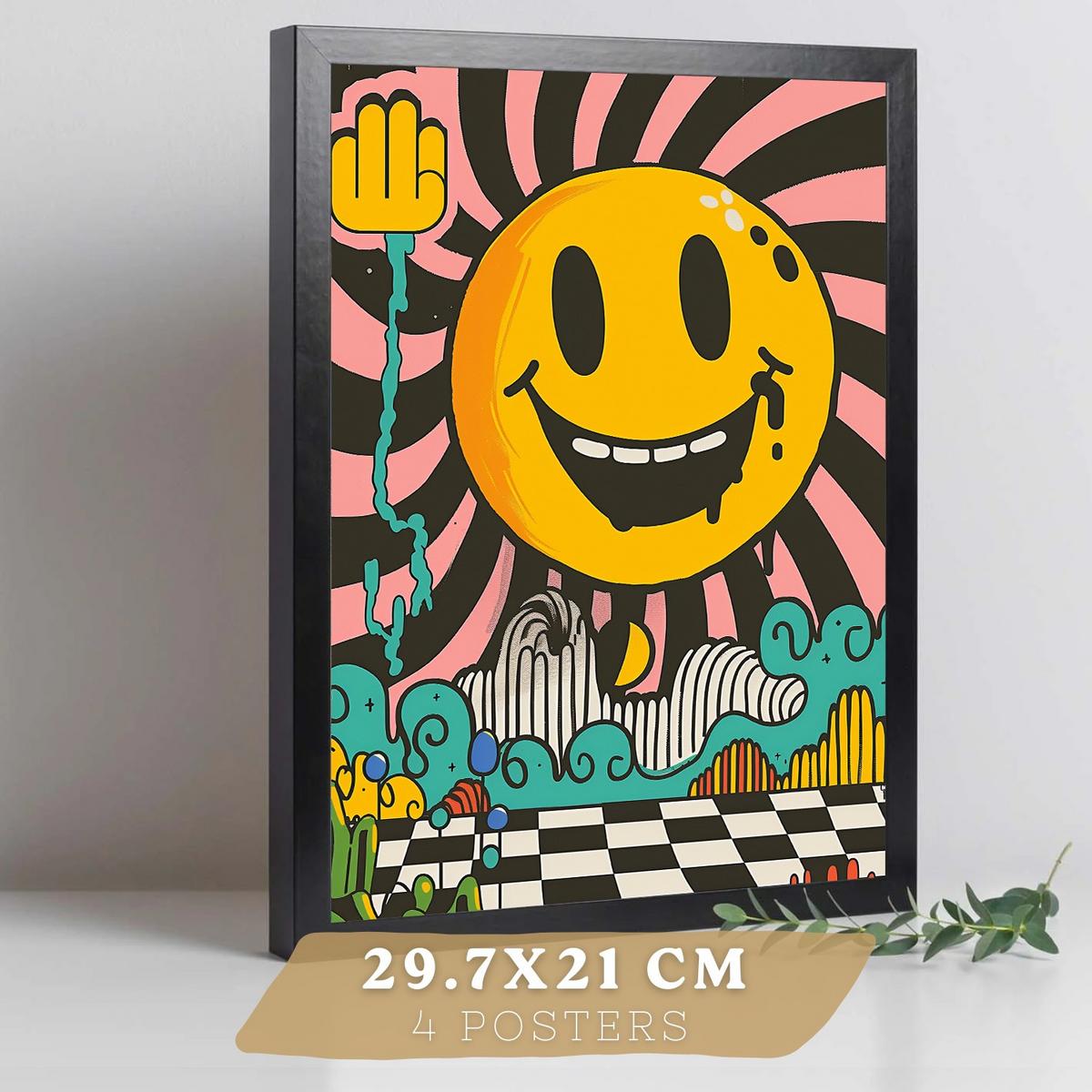 POSTER 4er Kunstdruck-Set Wandbilder Smiley Acid House modern Wohnzimmer Deko, Schlafzimmer, Küche, Badezimmer Schwarzer Rahmen A3 - Schwarz, Papier (29.7/1/42cm) - Nacnic