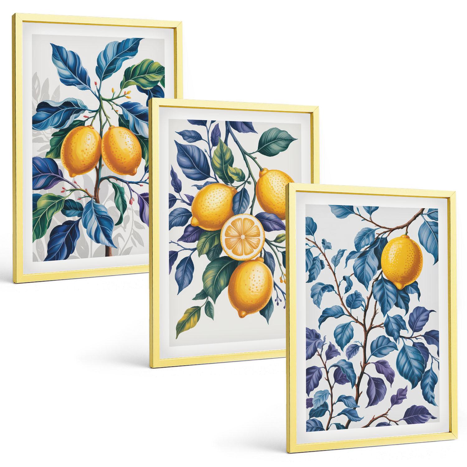 BILDER SET 3er Set - 40x60 cm Goldrahmen - Zitronenzweige mit blauen Blättern - Goldfarben, Kunststoff (40/60cm) - TULUP