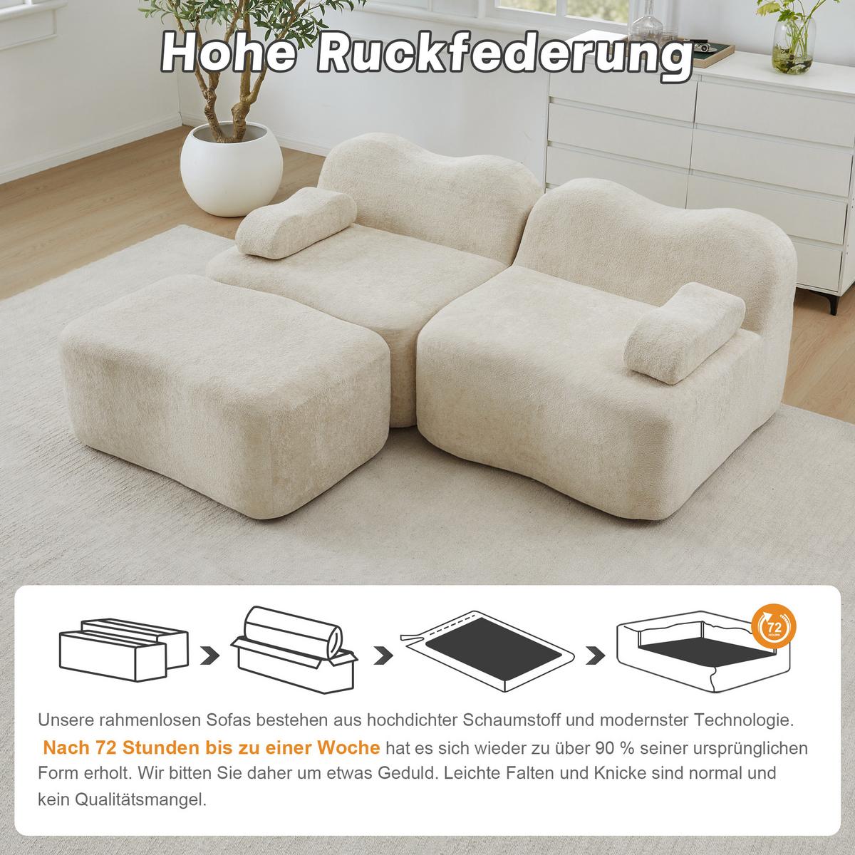 ECKSOFA L-Form Boneless Samt mit Ottoman - Beige, Textil (192/167cm) - Urban Meuble