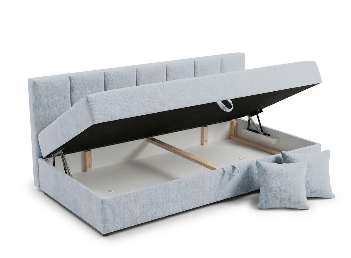 TAGESBETT Lenny mit Rückenlehne und großem Bettkasten aus Hellblau Chenille-Stoff - Schwarz/Hellblau, Holz/Kunststoff (90/200cm) - S-Style Möbel