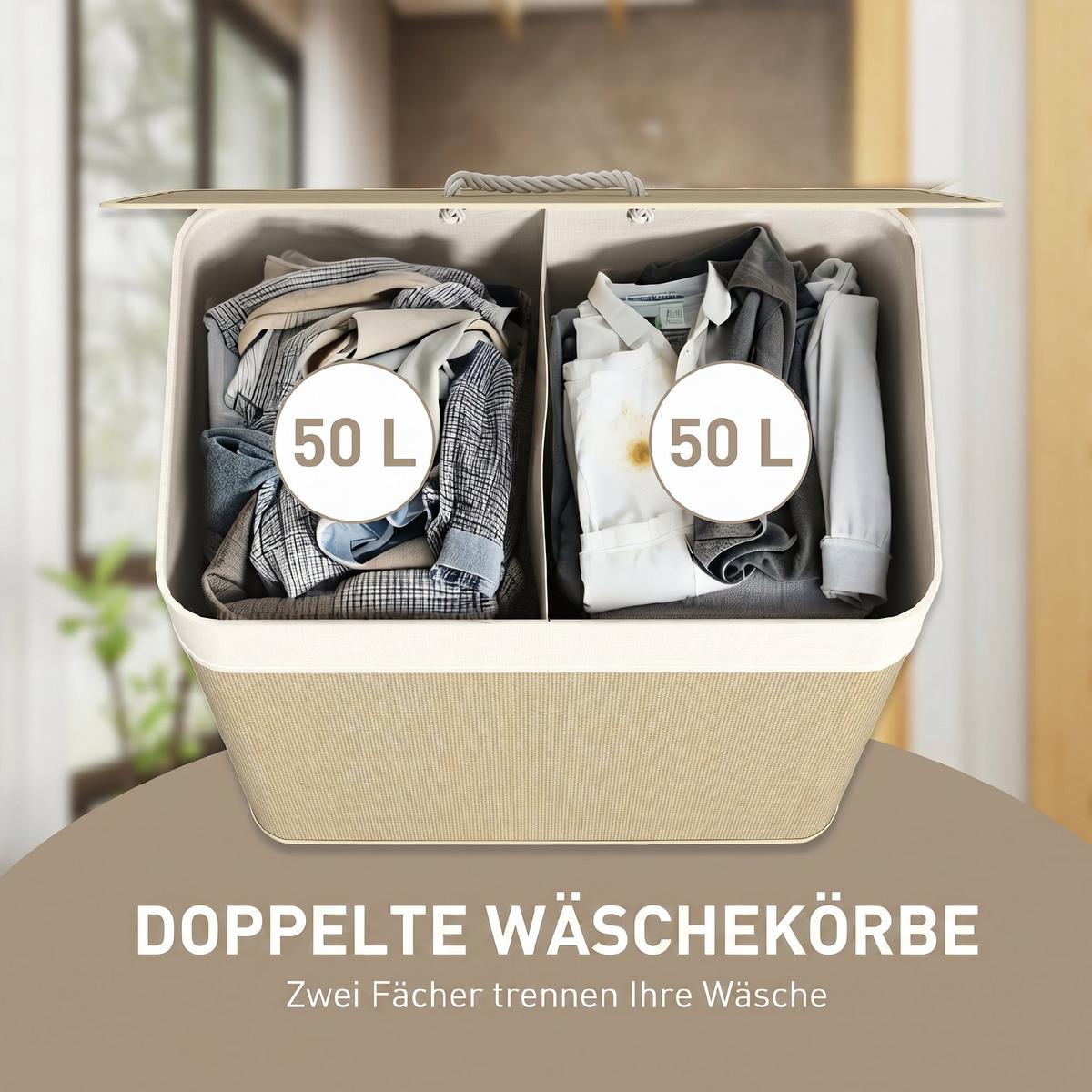 WÄSCHEKORB Bambus Cremeweiß - Hellbraun/Creme, Holz/Bambusholz (32/63/52cm) - HOMCOM