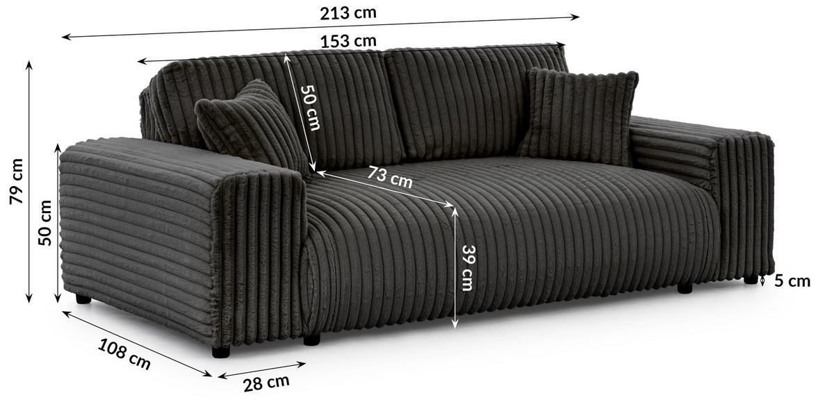 SITZGARNITUR 3+2 Mollis Dunkelgrau Plüschcord - Dunkelgrau/Schwarz, Holz/Kunststoff (213/79/108cm) - S-Style Möbel